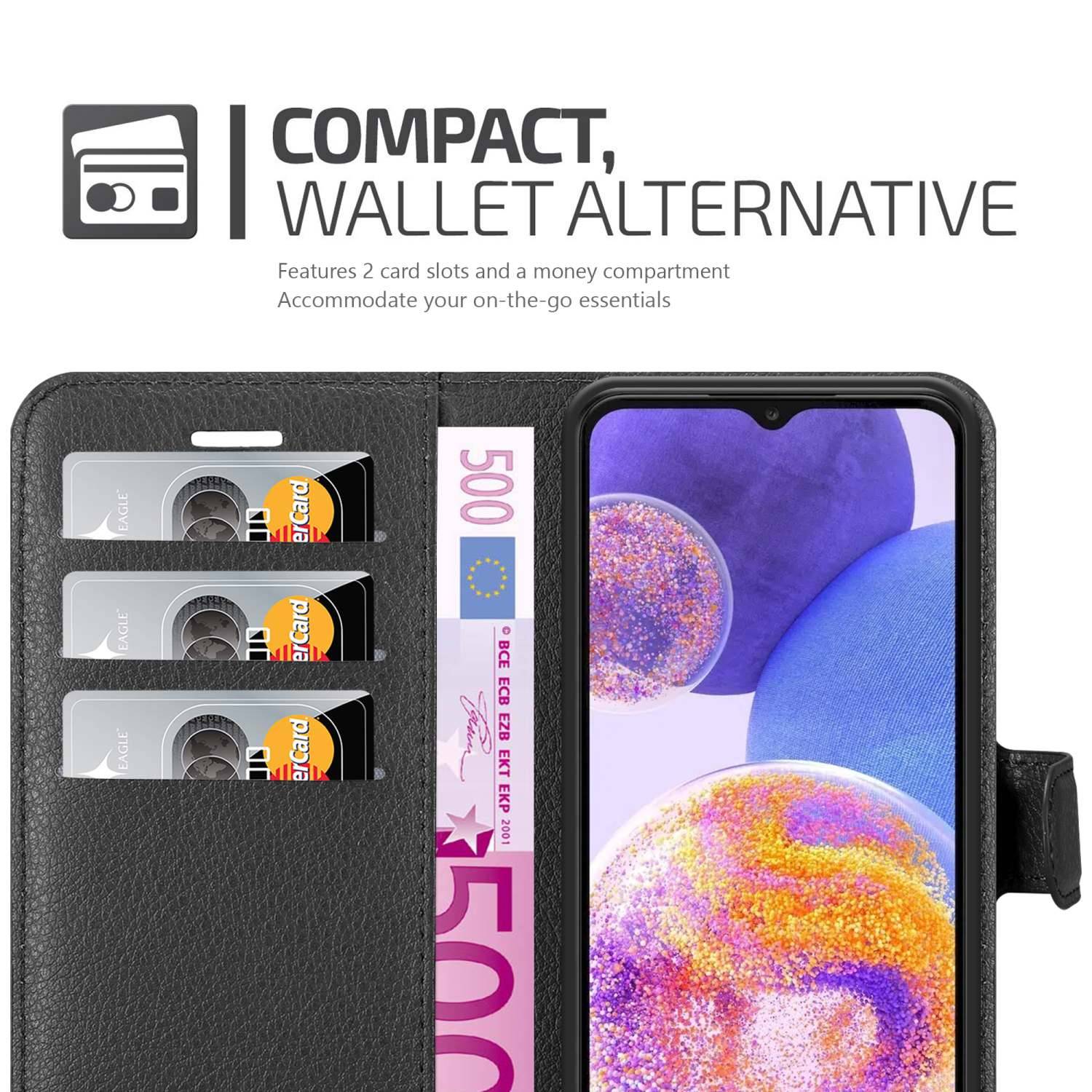 Cadorabo Hülle für Samsung Galaxy A23 4G Schutz Hülle in Schwarz Handyhülle Etui Case Cover Magnetverschluss