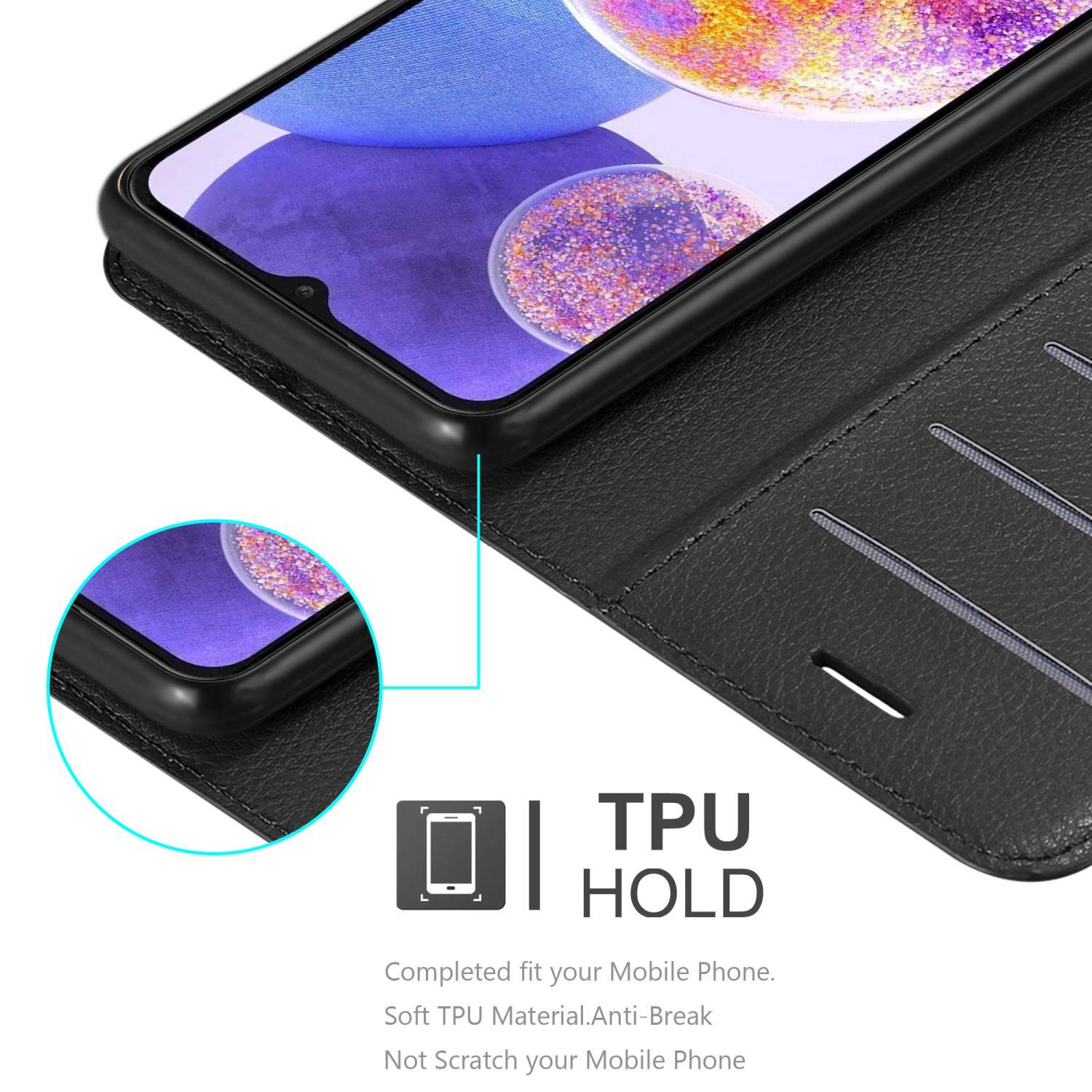 Cadorabo Hülle für Samsung Galaxy A23 4G Schutz Hülle in Schwarz Handyhülle Etui Case Cover Magnetverschluss