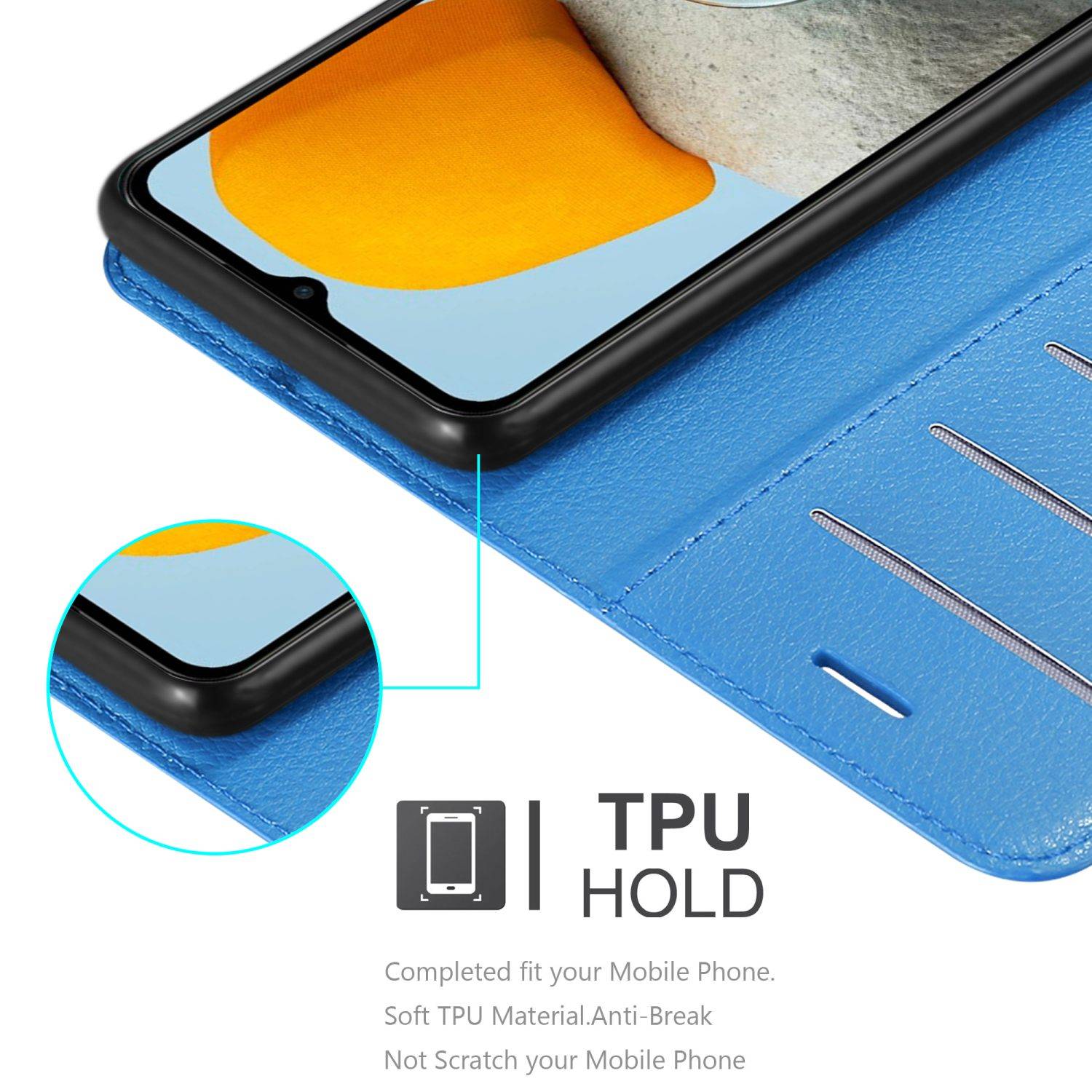 Cadorabo Hülle für Samsung Galaxy M23 5G Schutz Hülle in Blau Handyhülle Etui Case Cover Magnetverschluss