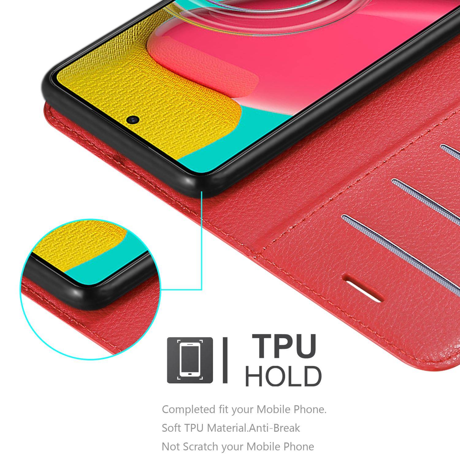 Cadorabo Hülle für Samsung Galaxy M53 5G Schutz Hülle in Rot Handyhülle Etui Case Cover Magnetverschluss