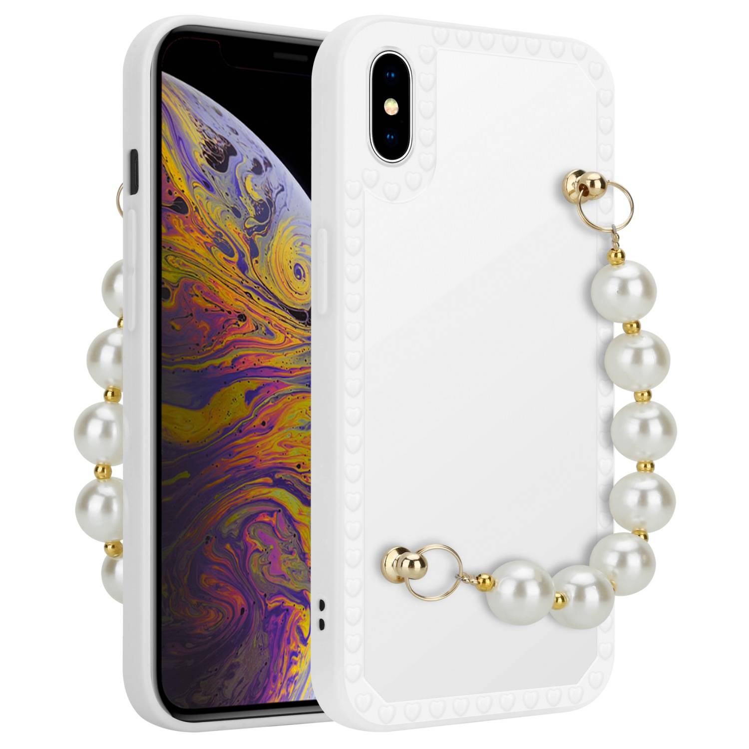 Cadorabo Hülle für Apple iPhone XS MAX Schutz Hülle in Weiß Handyhülle TPU Etui Cover Handgelenk Kette