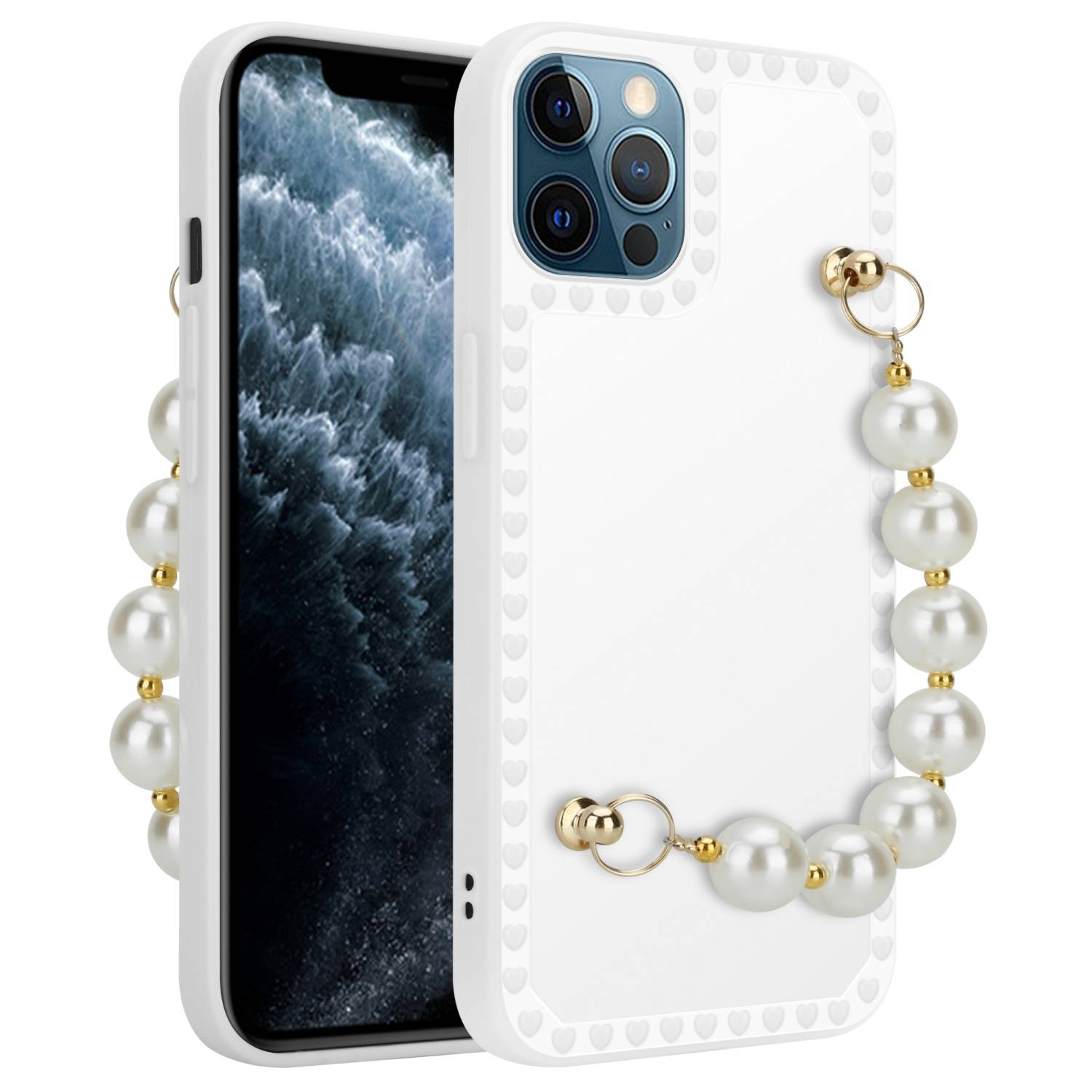 Cadorabo Hülle für Apple iPhone 12 PRO Schutz Hülle in Weiß Handyhülle TPU Etui Cover Handgelenk Kette