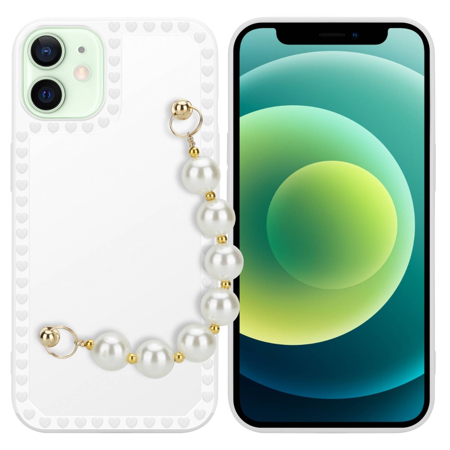 Cadorabo Hülle für Apple iPhone 12 MINI Schutz Hülle in Weiß Handyhülle TPU Etui Cover Handgelenk Kette