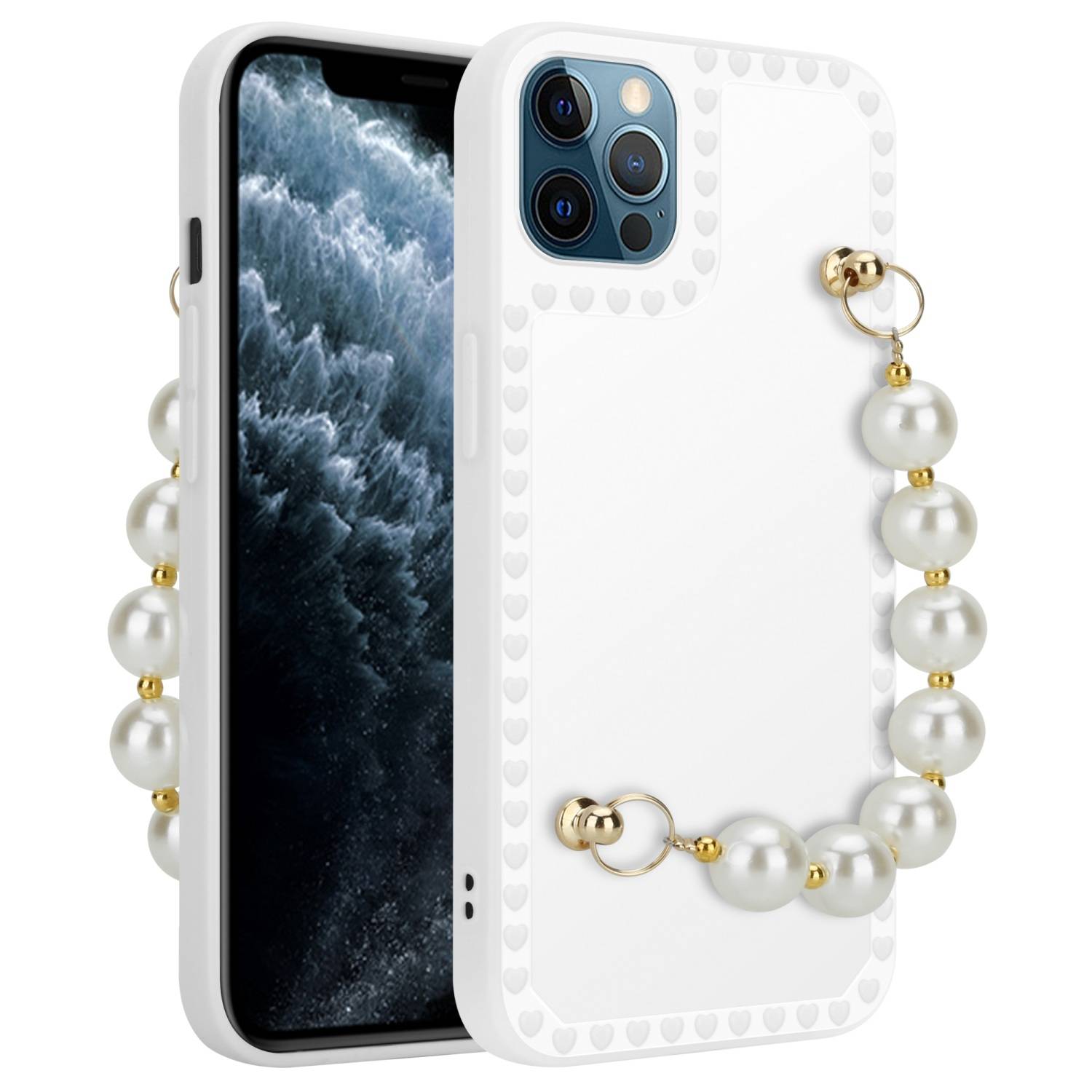 Cadorabo Hülle für Apple iPhone 12 PRO MAX Schutz Hülle in Weiß Handyhülle TPU Etui Cover Handgelenk Kette
