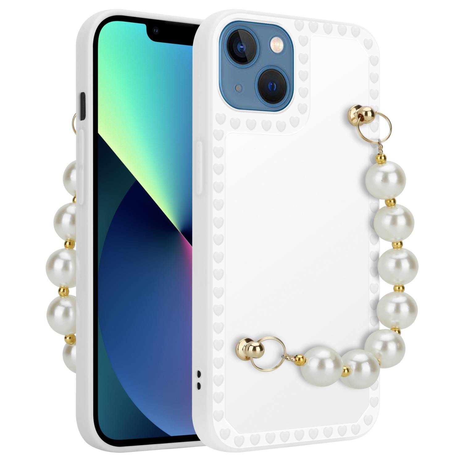 Cadorabo Hülle für Apple iPhone 13 Schutz Hülle in Weiß Handyhülle TPU Etui Cover Handgelenk Kette