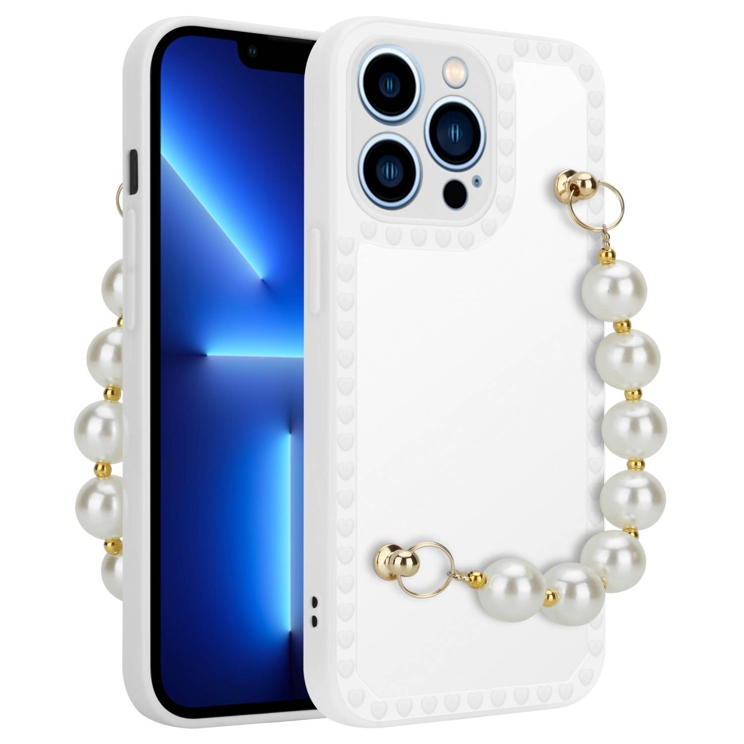 Cadorabo Hülle für Apple iPhone 13 PRO Schutz Hülle in Weiß Handyhülle TPU Etui Cover Handgelenk Kette
