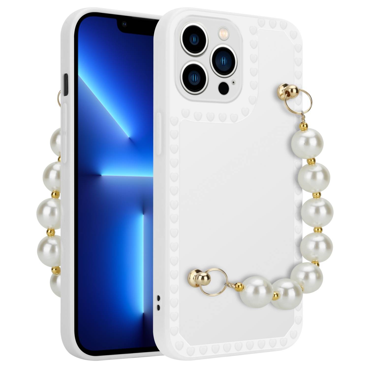 Cadorabo Hülle für Apple iPhone 13 PRO MAX Schutz Hülle in Weiß Handyhülle TPU Etui Cover Handgelenk Kette