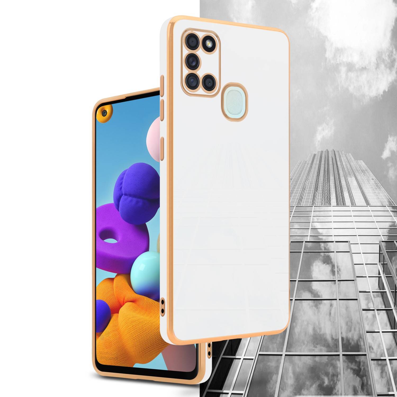 Cadorabo Schutzhülle für Samsung Galaxy A21s Hülle in Weiß Handyhülle TPU Silikon Kameraschutz Etui Case