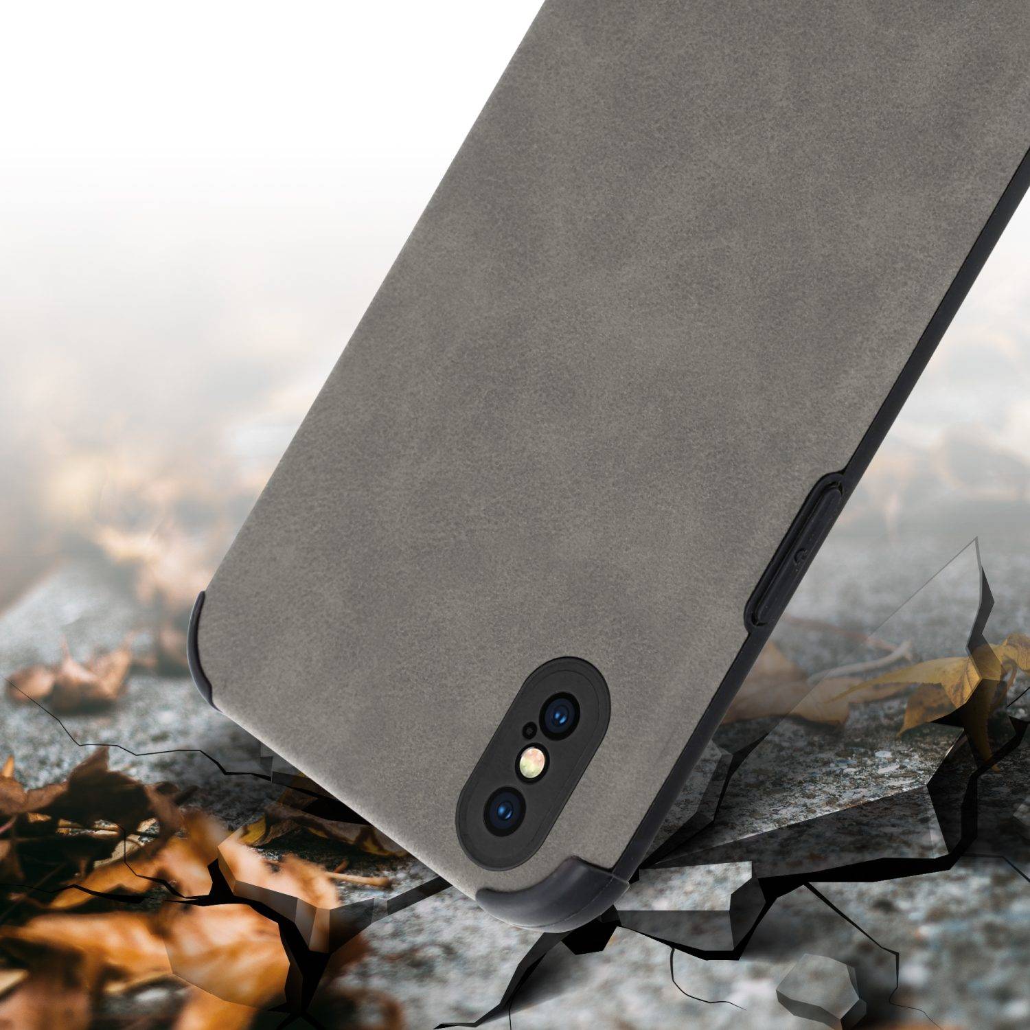 Cadorabo Hülle für Apple iPhone X / XS Schutz Hülle in Grau TPU Silikon Etui edle Kunst-Wildleder Rückseite