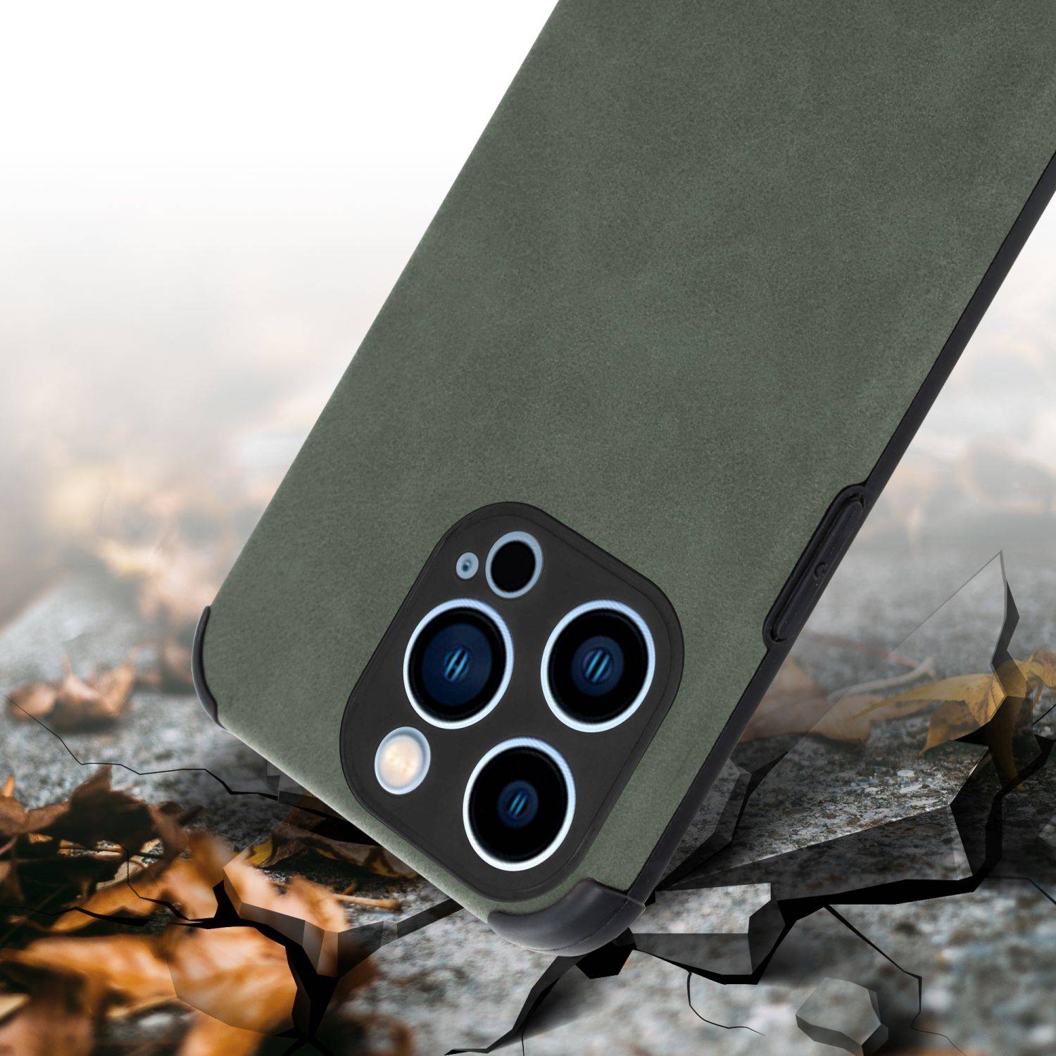 Cadorabo Hülle für Apple iPhone 13 PRO Schutz Hülle in Grün TPU Silikon Etui edle Kunst-Wildleder Rückseite