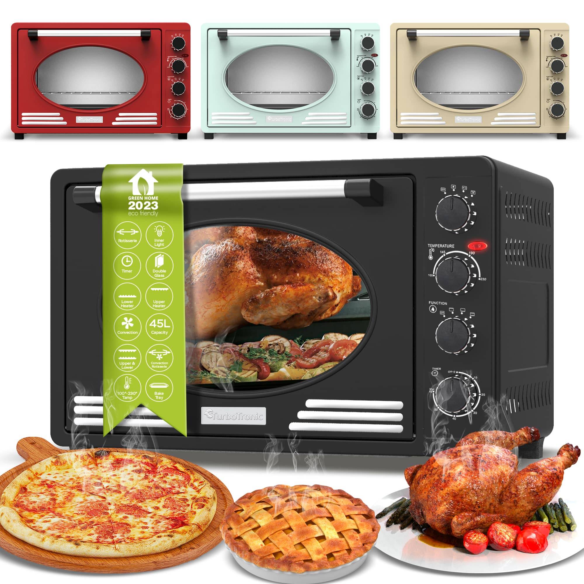 TurboTronic Minibackofen mit Umluft und Drehspieß 45 Liter rot inkl. Backblech 2000W Mini Tisch Backofen Camping Pizzaofen Retro Vintage