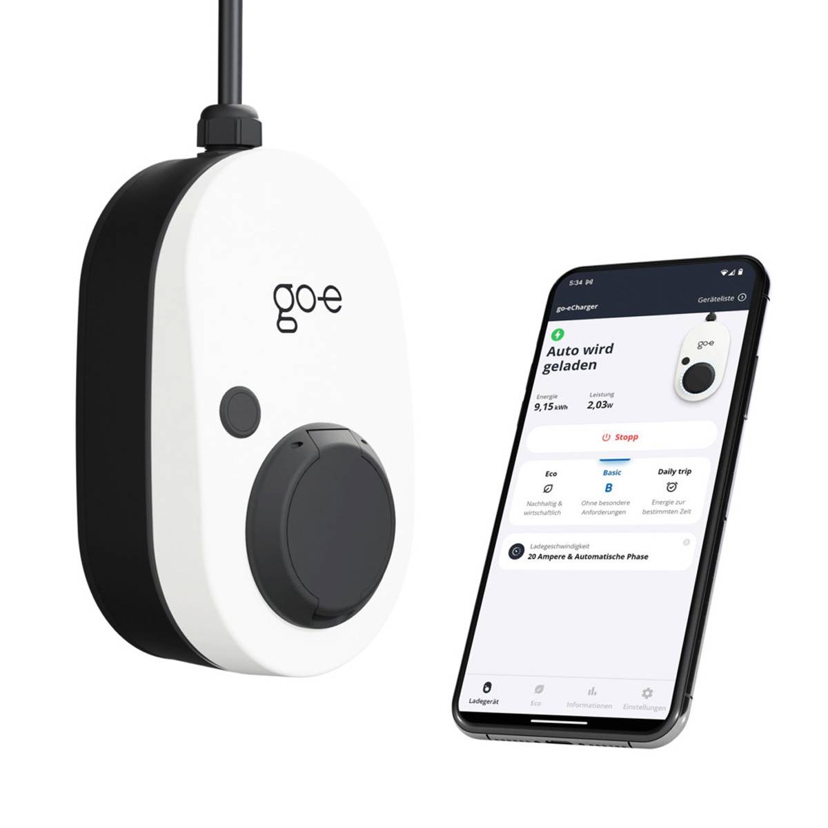 Go-e Elektrofahrzeug-Ladegerät mit Smartphone-App, die Ladestatus und Steuerelemente anzeigt.