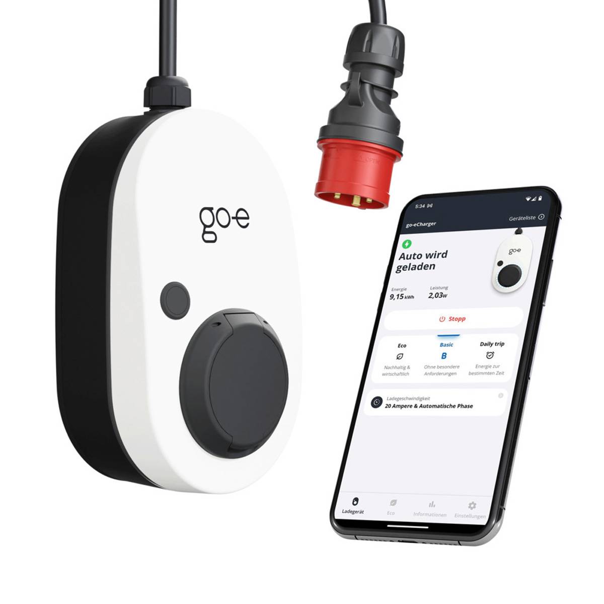 Intelligente Heim-EV-Ladestation mit Kabel und App-Steuerung auf einem Smartphone angezeigt