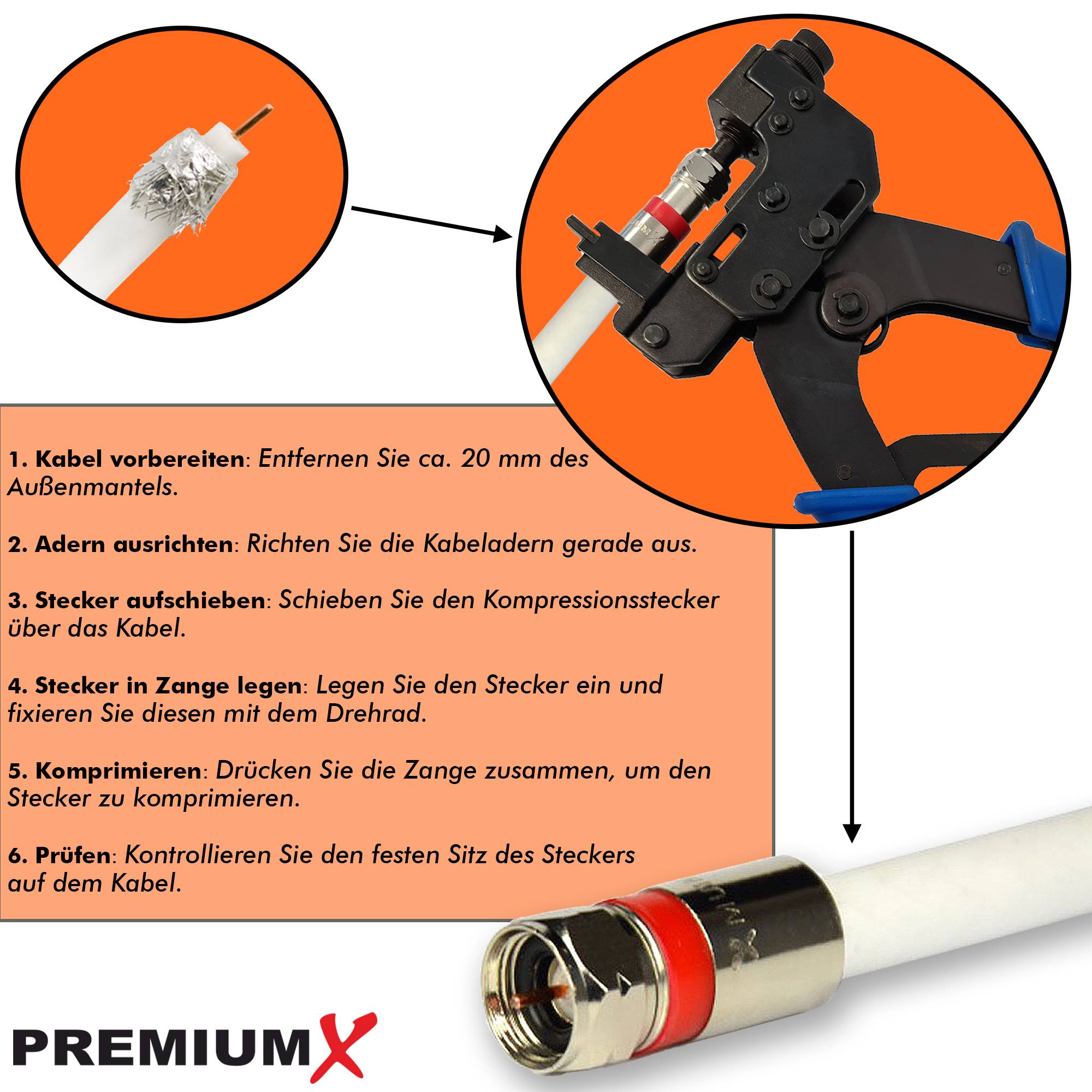 PremiumX CT-500 Kompressionszange Presszange Zange F-Kompressionsstecker F-Stecker Koaxialkabel RG59 RG6 SAT TV Kabel Antennenkabel