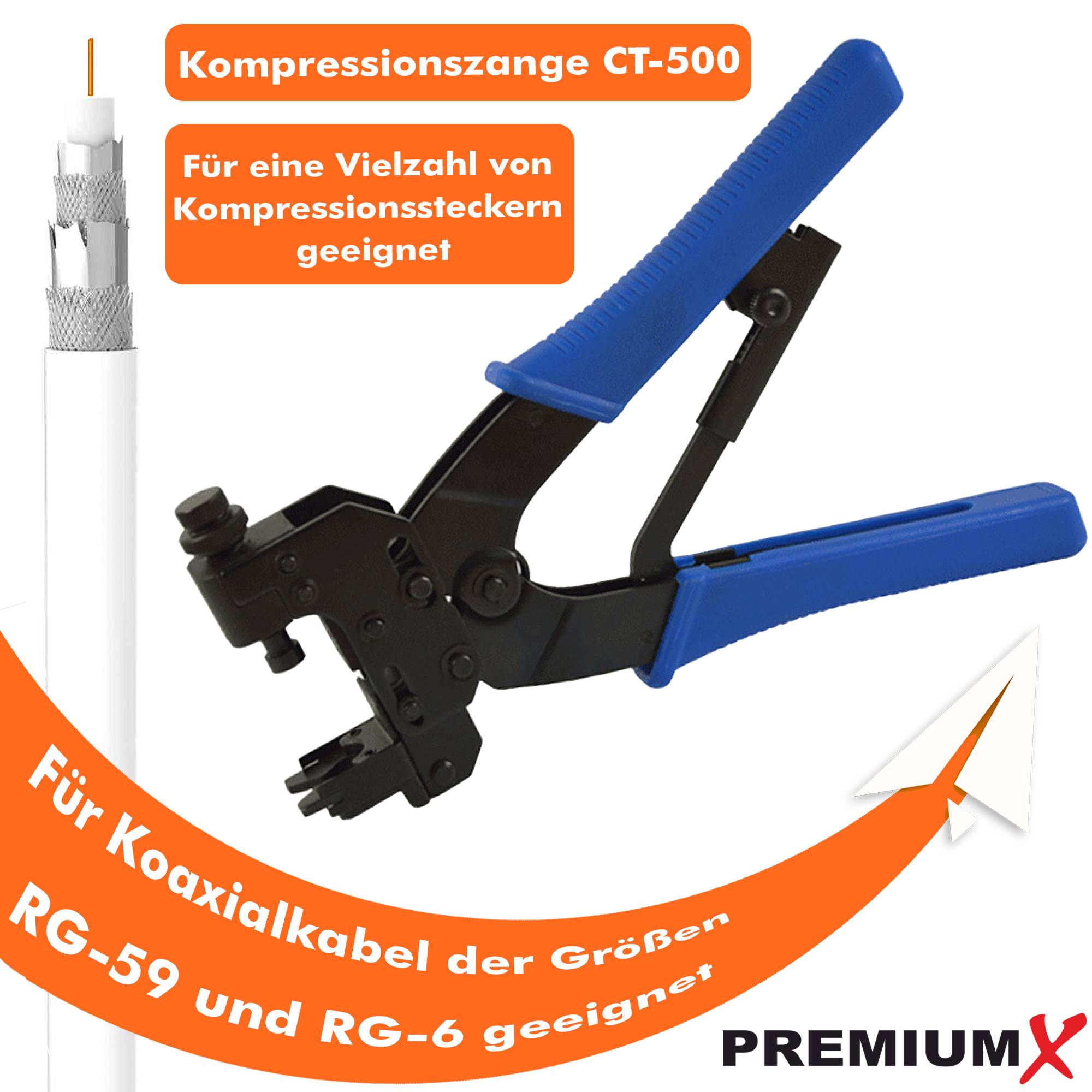 PremiumX CT-500 Kompressionszange Presszange Zange F-Kompressionsstecker F-Stecker Koaxialkabel RG59 RG6 SAT TV Kabel Antennenkabel