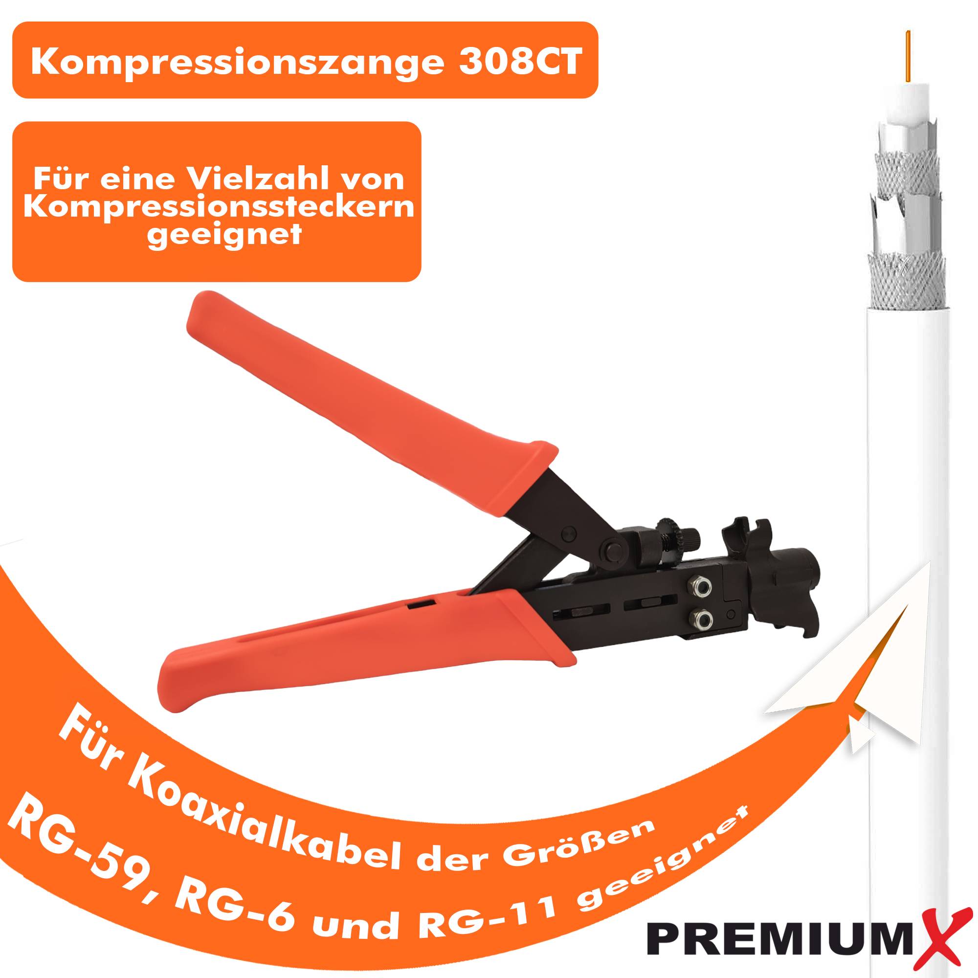 PremiumX PX-308CT Presswerkzeug Presszange Kompressionszange für RG59, RG6 und RG11