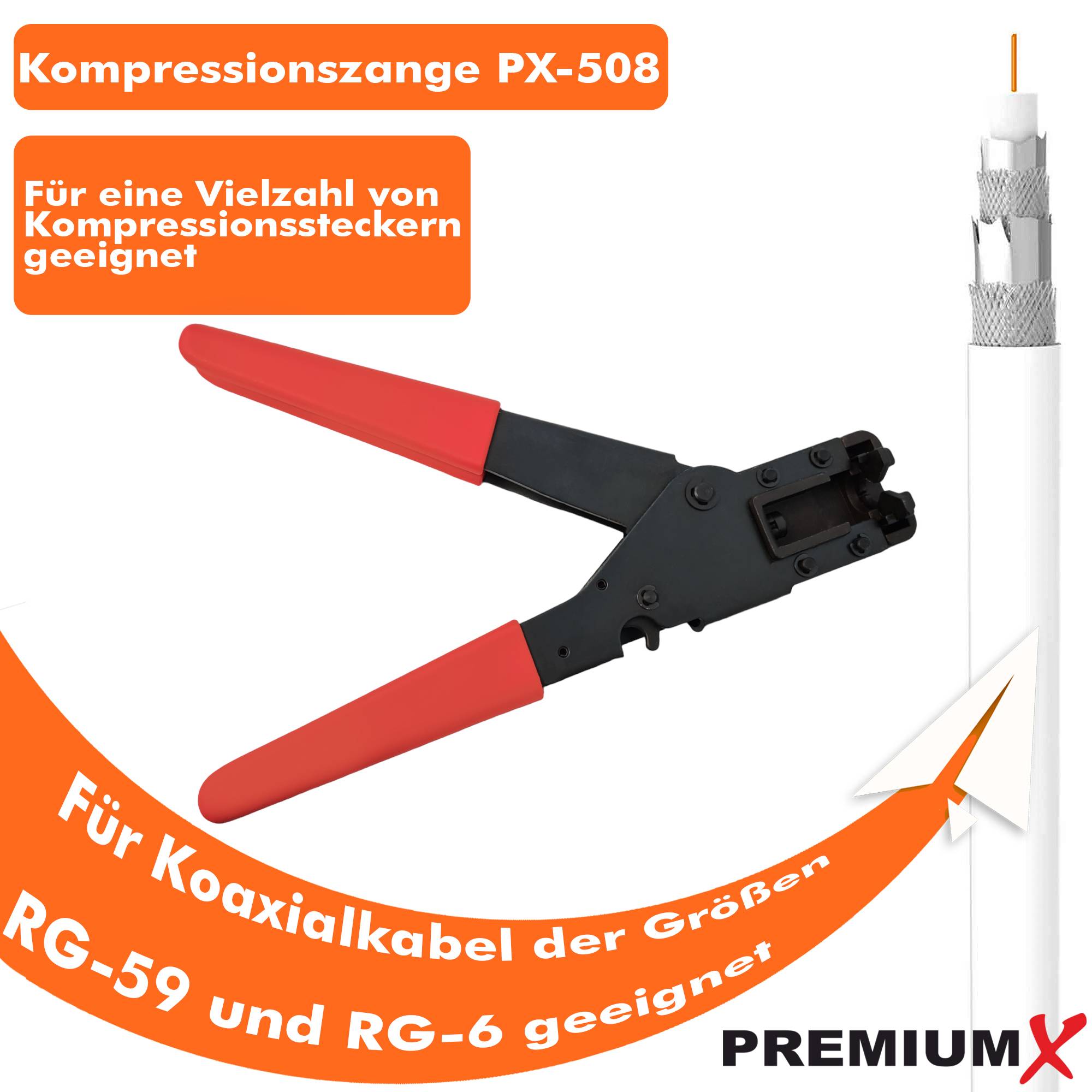 PremiumX PX-508 Kompressionszange Presszange Zange F-Kompressionsstecker F-Stecker Koaxialkabel RG59 RG6 SAT TV Kabel Antennenkabel