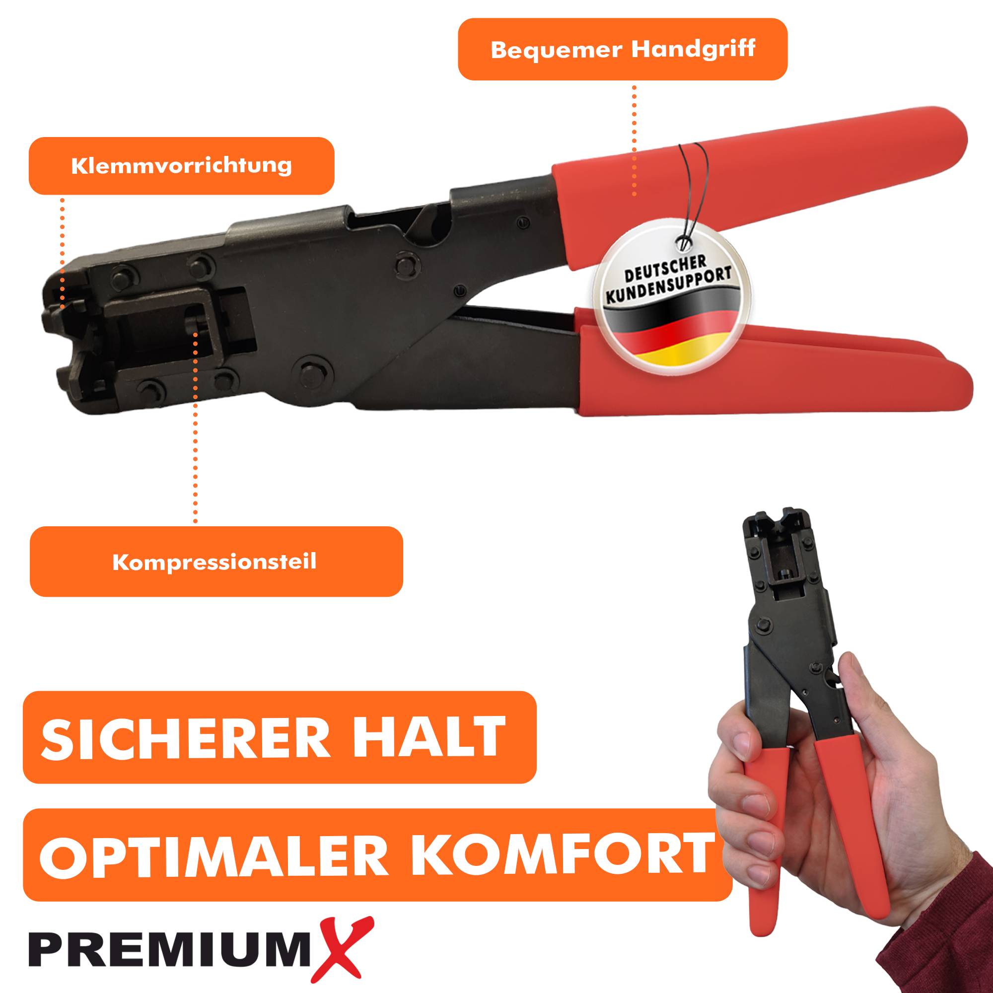 PremiumX PX-508 Kompressionszange Presszange Zange F-Kompressionsstecker F-Stecker Koaxialkabel RG59 RG6 SAT TV Kabel Antennenkabel