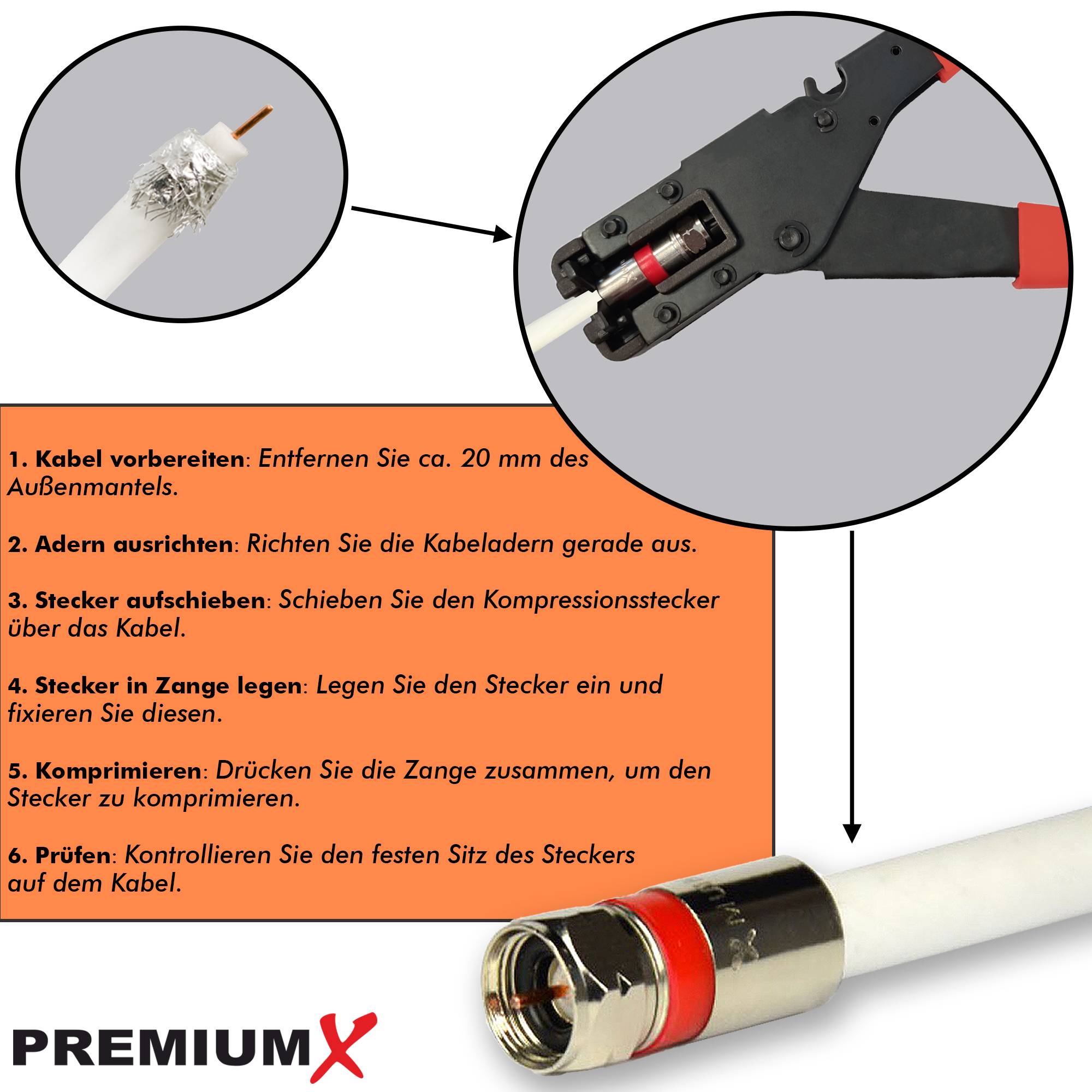 PremiumX PX-508 Kompressionszange Presszange Zange F-Kompressionsstecker F-Stecker Koaxialkabel RG59 RG6 SAT TV Kabel Antennenkabel