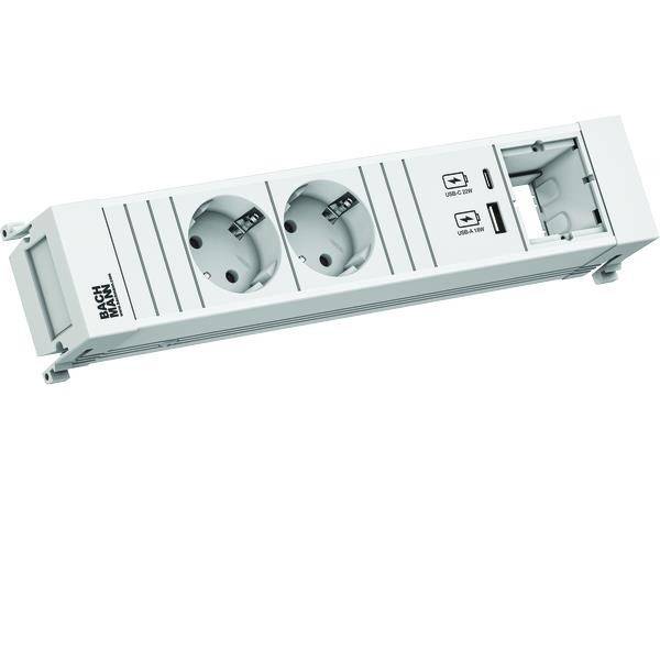 Mehrfachsteckdosenleiste mit zwei Steckdosen, zwei USB-Anschlüssen und einem Kabelmanagement-Fach in einem eleganten rechteckigen Design.