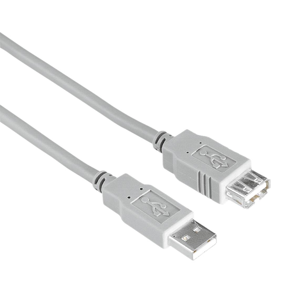 Graues USB-Kabel mit einem USB-A-Anschluss und einem kleineren USB-Anschluss, dargestellt auf weißem Hintergrund.