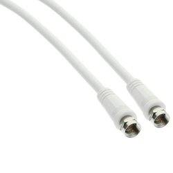 Ein weißes Koaxialkabel mit Anschlüssen an beiden Enden, das üblicherweise zur Übertragung von Fernsehsignalen verwendet wird.