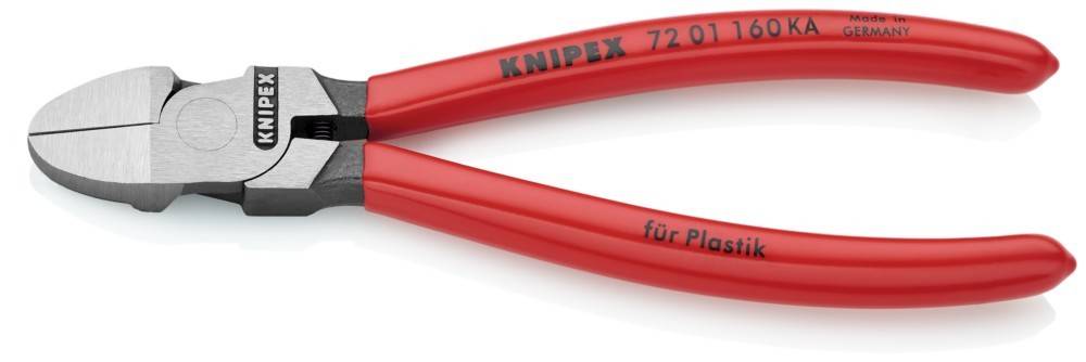 Rote Zange mit dem Namen 'KNIPEX' und einer Nummer auf den Griffen, nach innen gewinkelt.