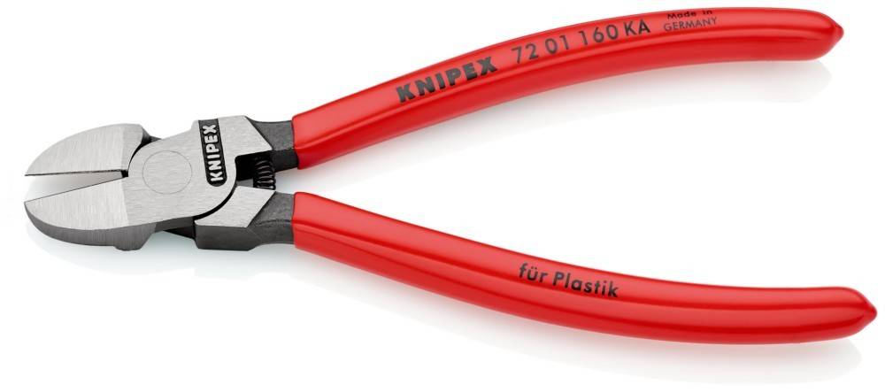 Rot-handierte Zange mit der Bezeichnung 'Knipex' und 'für Plastik', was darauf hindeutet, dass sie für das Schneiden von Plastikmaterial entwickelt wurde.
