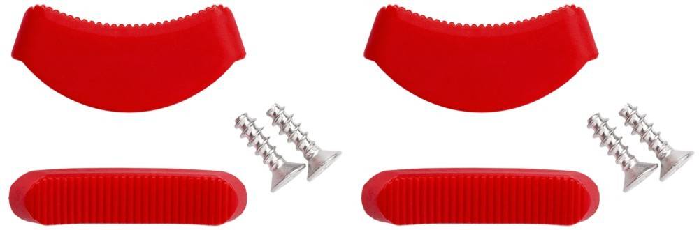 Rote Plastikgriffe mit strukturierter Oberfläche und zwei Metallschrauben, wahrscheinlich Komponenten zur Montage oder Befestigung an einem anderen Gegenstand.