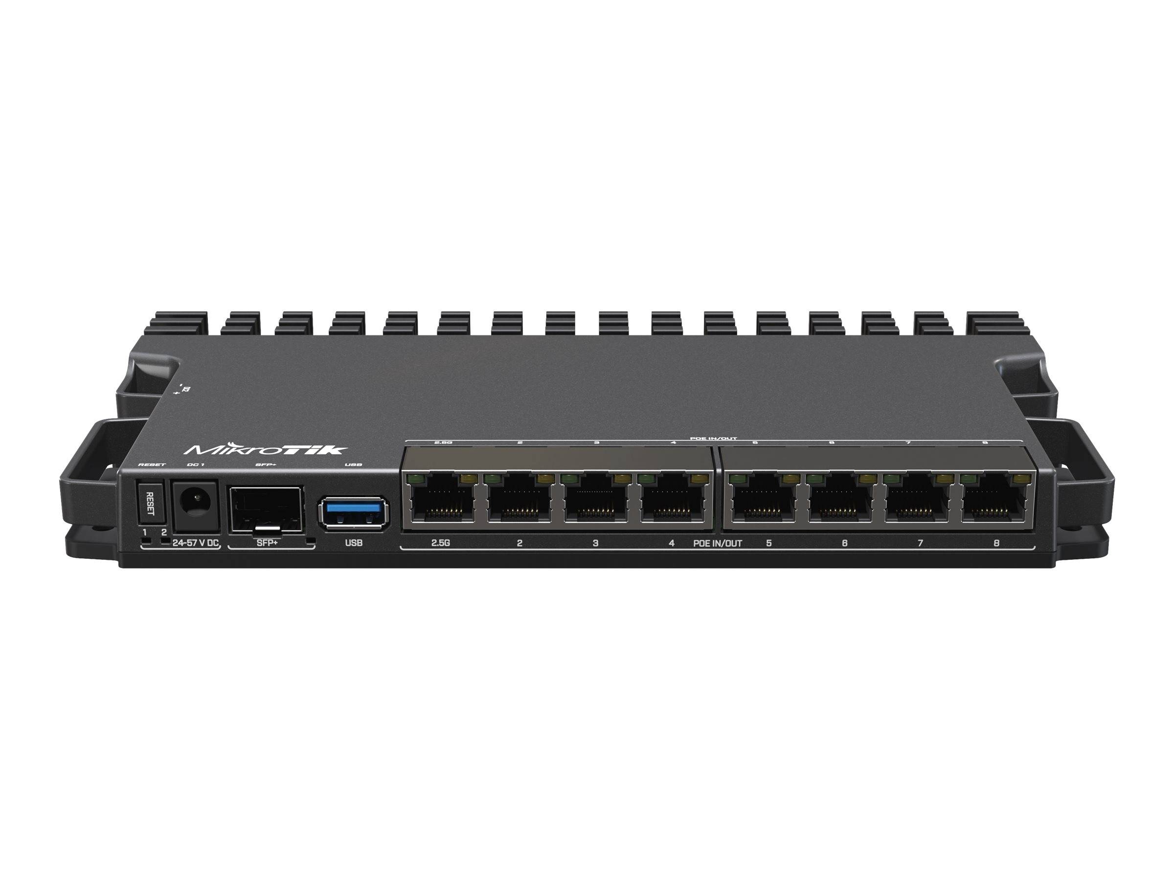 MikroTik Netzwerk-Switch zur Rackbestückung mit 8 Ethernet-Anschlüssen, einem USB-Anschluss und Stromeingang auf der Frontplatte.