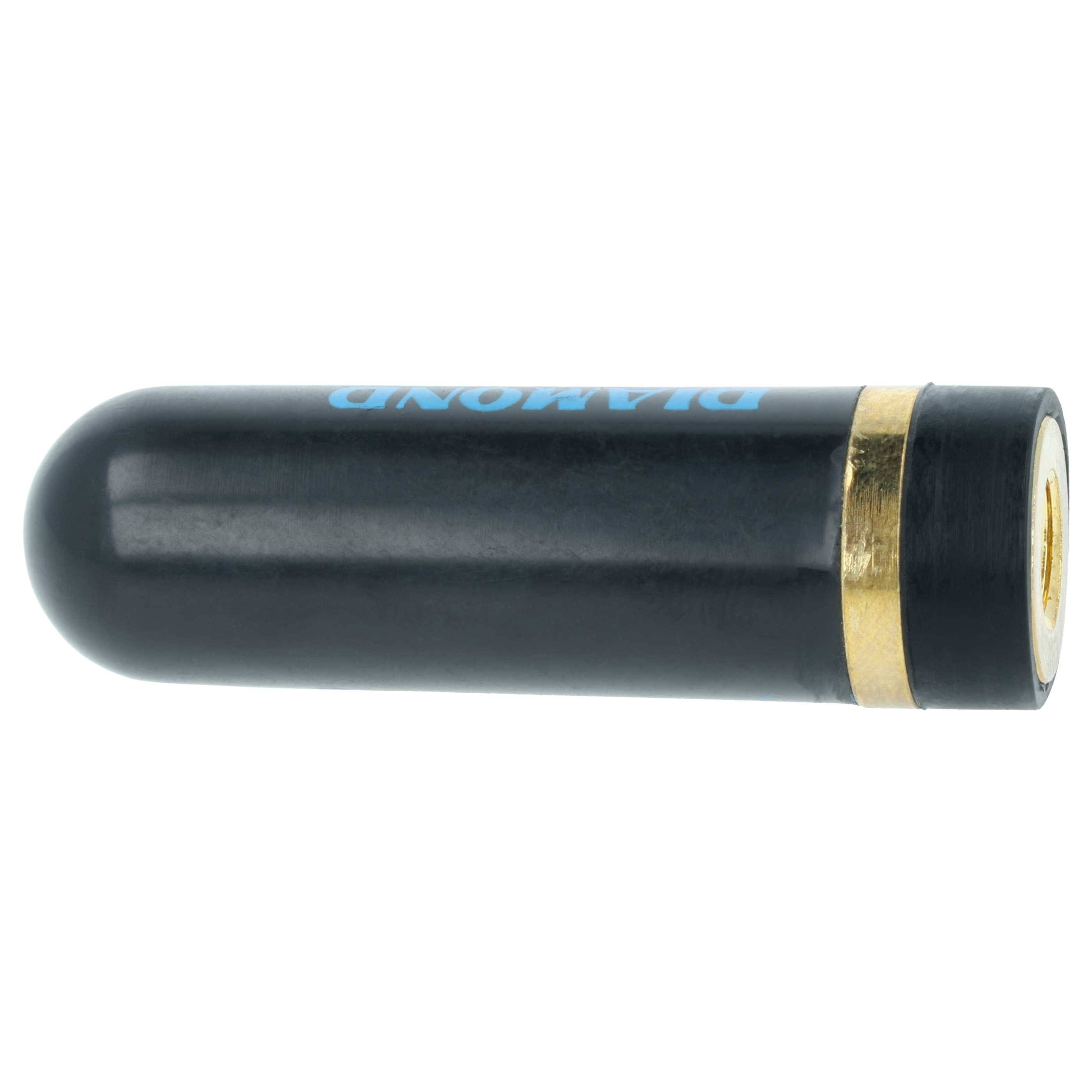 Eine schwarze zylindrische Antenne mit einem goldenen Band in der Nähe der Basis mit der Aufschrift 