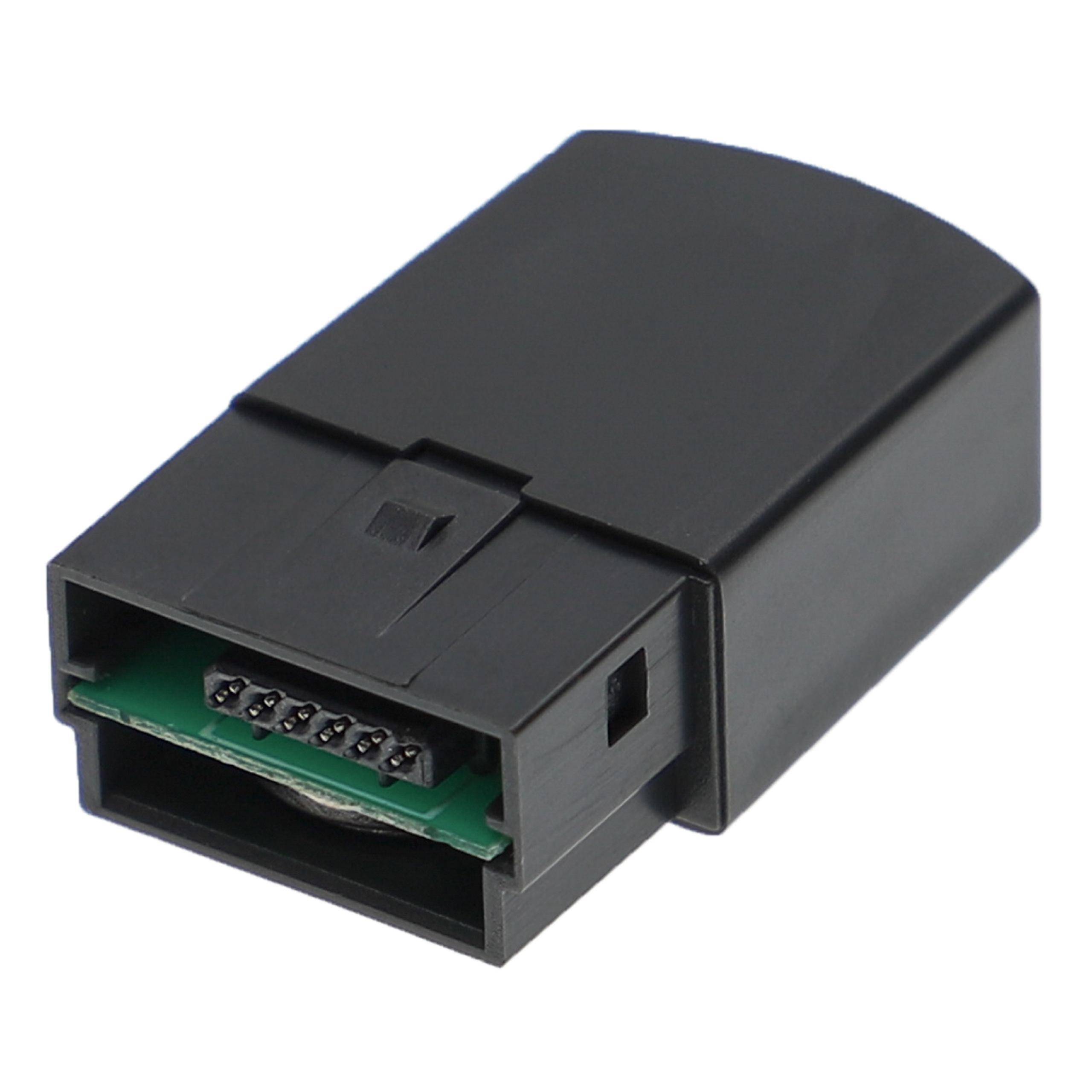 Ein OBD-II-Adapter in schwarzem Kunststoffgehäuse mit einer Schnittstellenverbindung, die typischerweise für Fahrzeugdiagnose und Datenauslese verwendet wird.