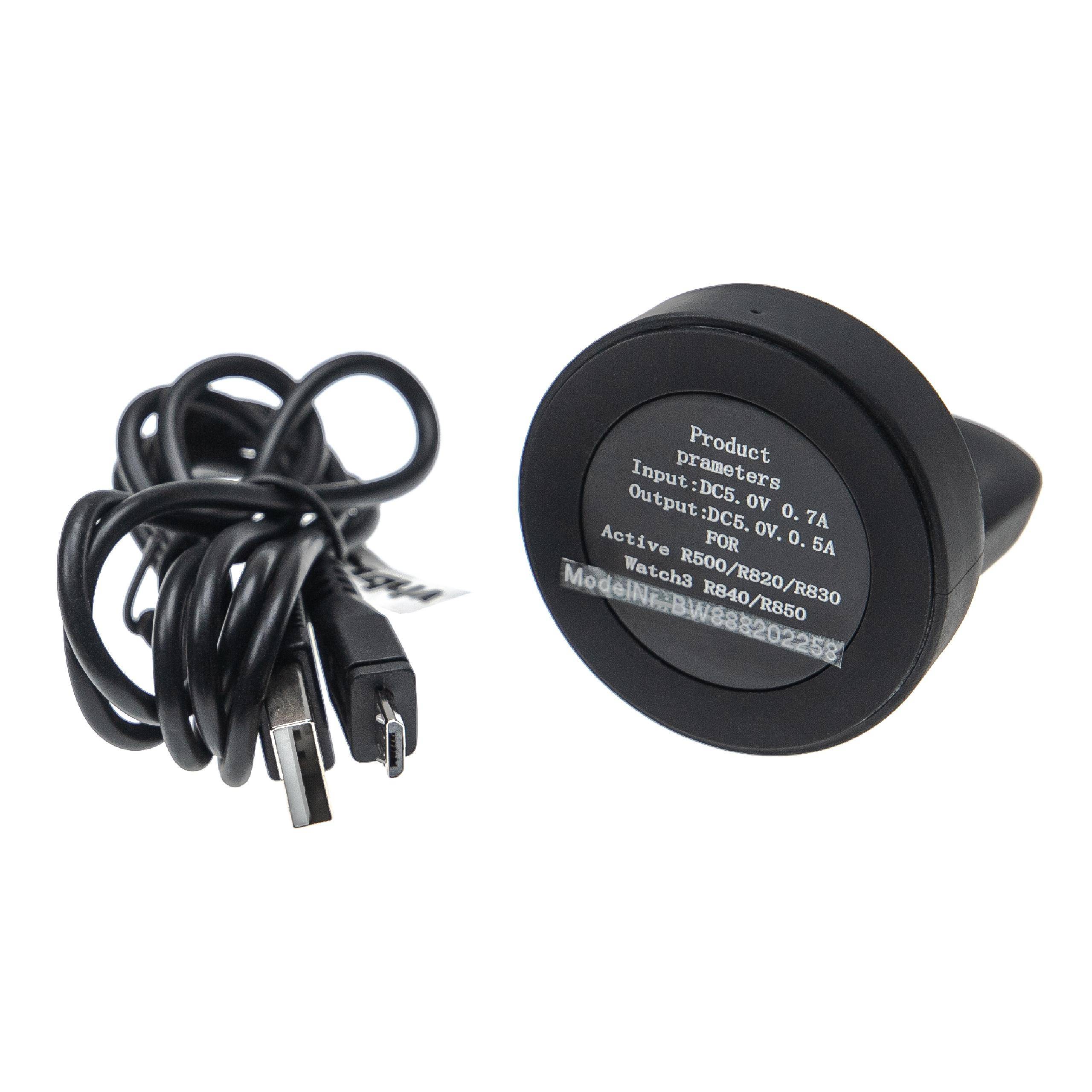 Schwarzes Autoladeadapter mit USB-Kabel und beschrifteter runder Adapterstecker mit DC 5V Ausgabe und Uhrenmodellkompatibilität.