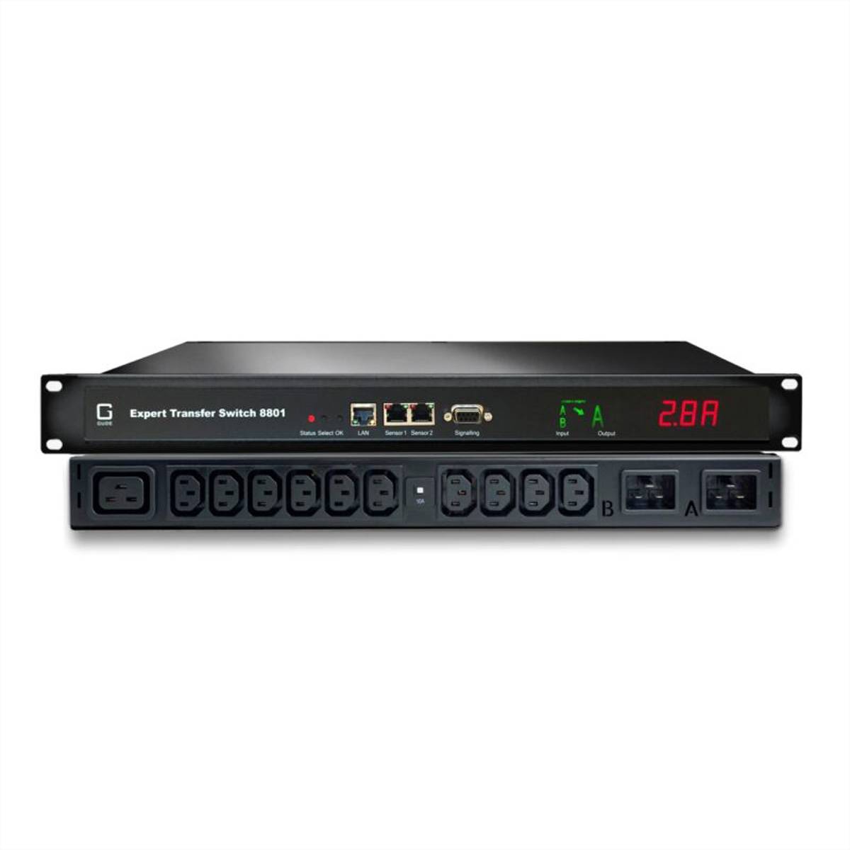Rack-montierte Expert Transfer Switch 8801 Stromschalter mit acht Steckdosen, digitales Display zeigt 28A, Vorder- und Rückansicht dargestellt.
