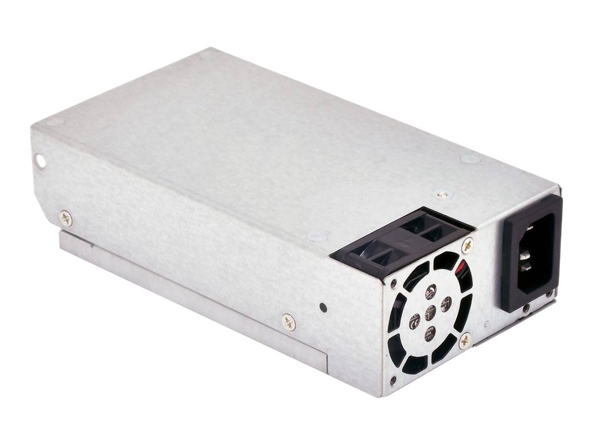 Metallisches Computer-Netzteil mit Kühlungsventilator und AC-Stromeingang, dargestellt vor weißem Hintergrund.