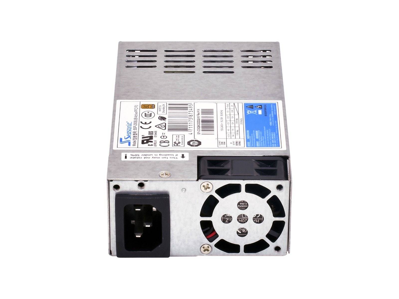Metall-Stromversorgungseinheit für Computer mit AC-Eingangsstecker, Kühlventilator und Spezifikationsetikett auf der Oberseite.