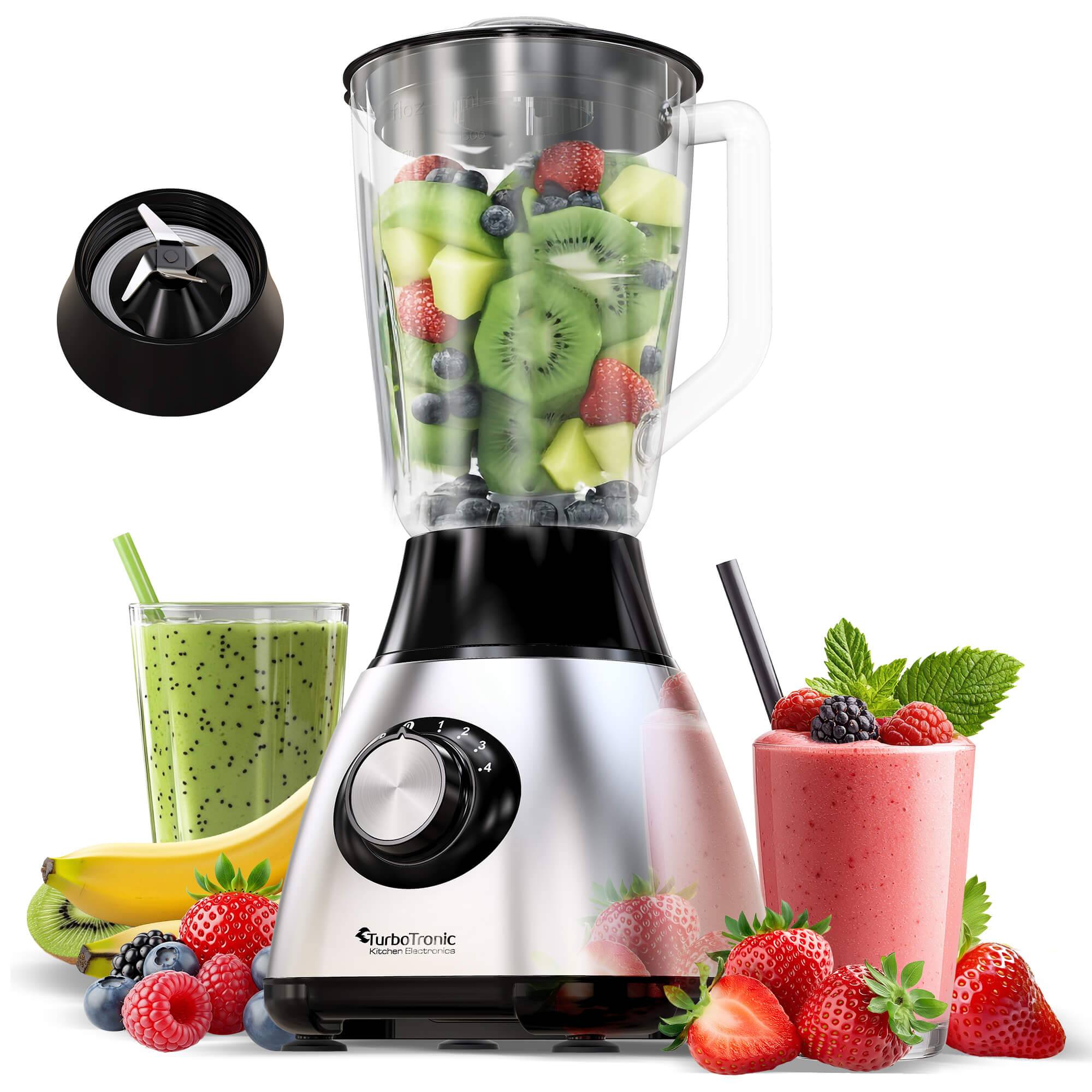 TurboTronic Standmixer - BG5 - 1200 Watt mit 1,5L Glasbehälter Edelstahl Silber, Glas Smoothie Mixer / Maker Ice Crush Funktion Milchshaker Blender