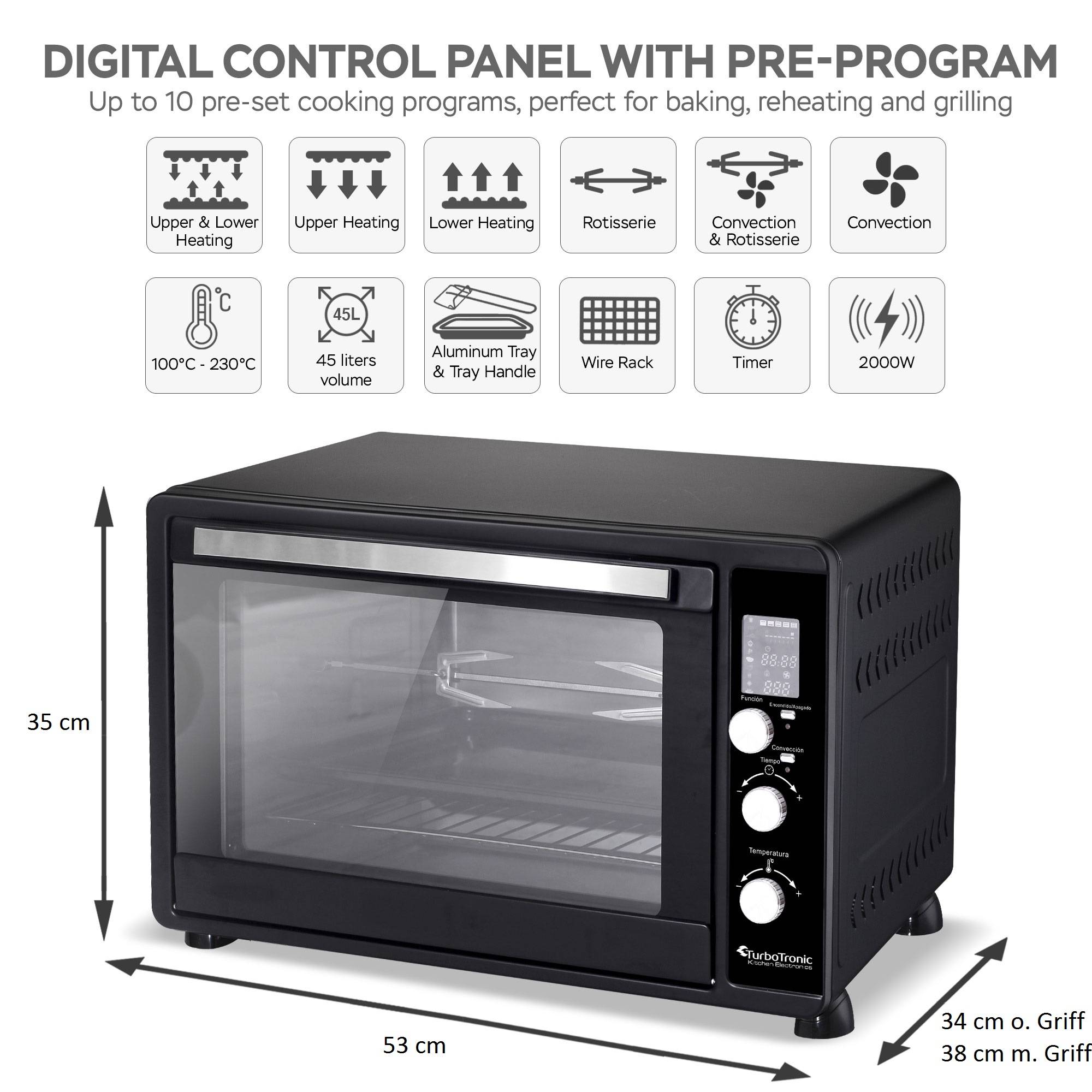 TurboTronic Minibackofen mit Umluft und Drehspieß 45 Liter, Schwarz, 2x Backblech, 2000W Mini Tisch Backofen Camping Pizzaofen Klein/Groß digital