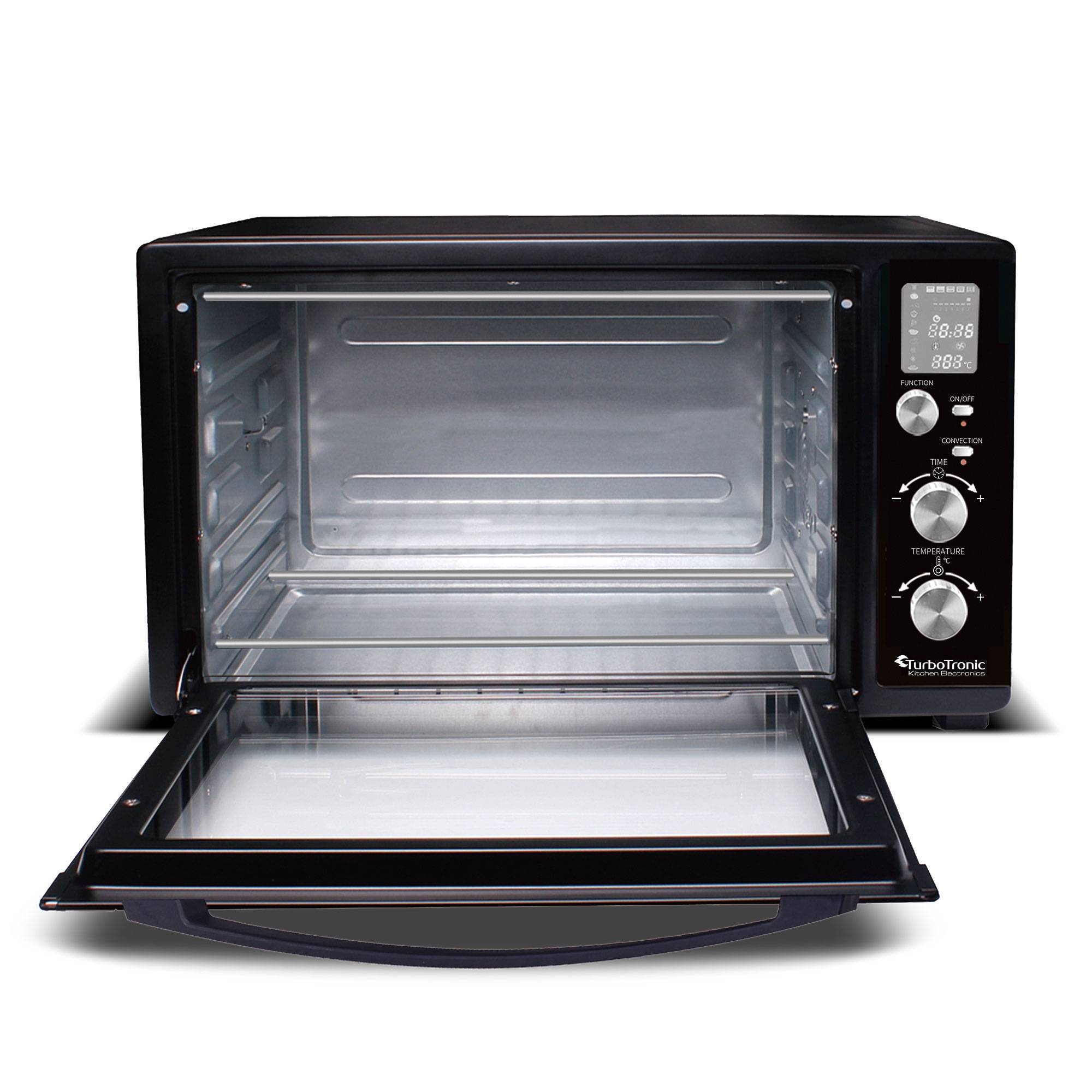 TurboTronic Minibackofen mit Umluft und Drehspieß 45 Liter, Schwarz, 2x Backblech, 2000W Mini Tisch Backofen Camping Pizzaofen Klein/Groß digital