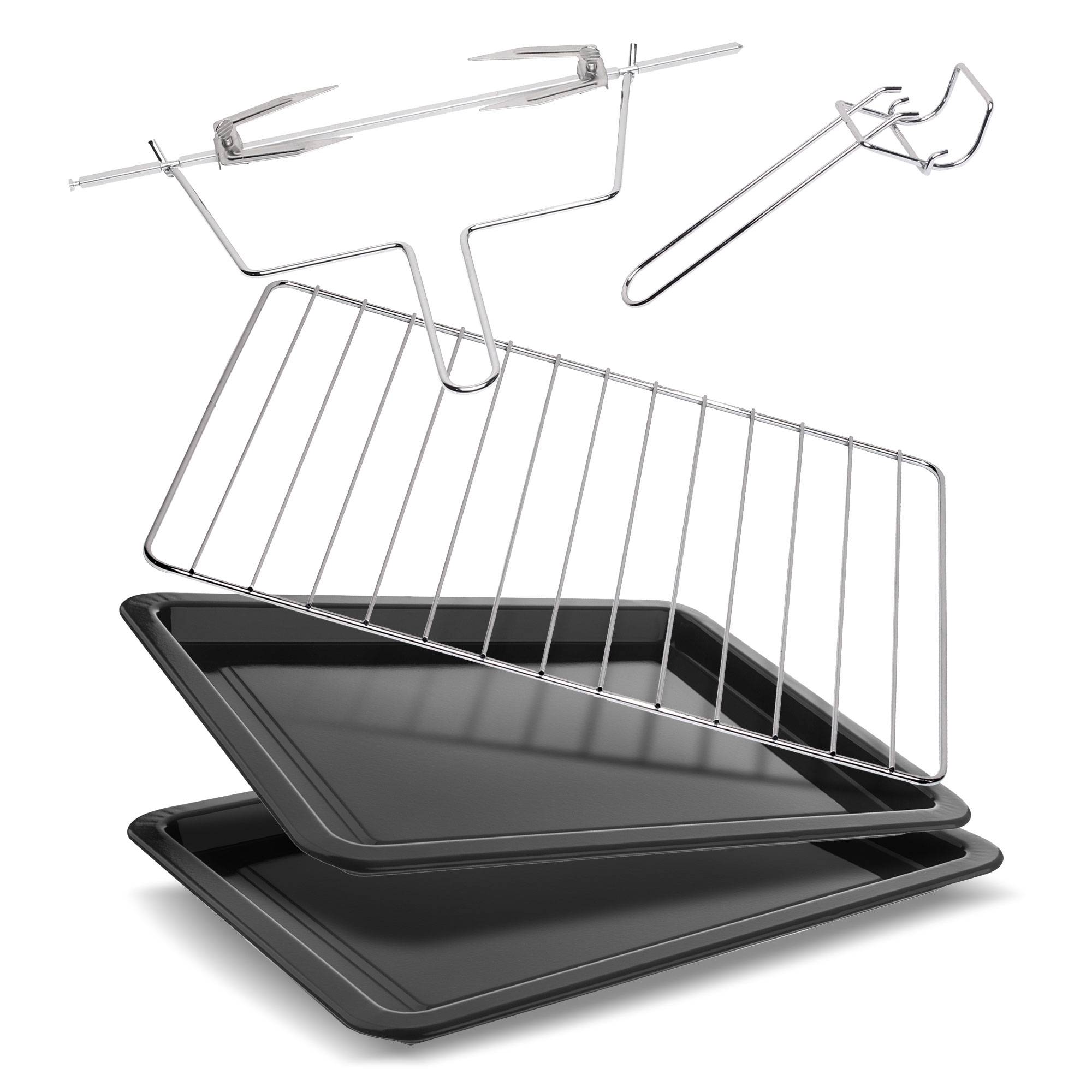 TurboTronic Minibackofen mit Umluft und Drehspieß 45 Liter, Schwarz, 2x Backblech, 2000W Mini Tisch Backofen Camping Pizzaofen Klein/Groß digital