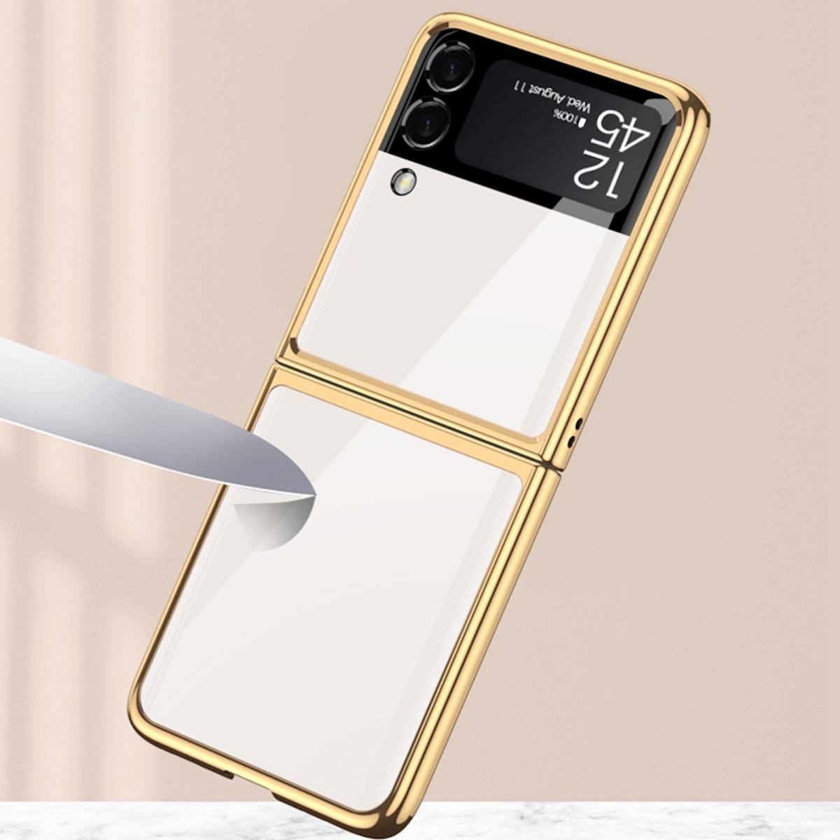 Für Samsung Galaxy Z Flip4 5G Lackiertes Glas Design Hart Cover Handy Tasche Hülle Etuis Gold