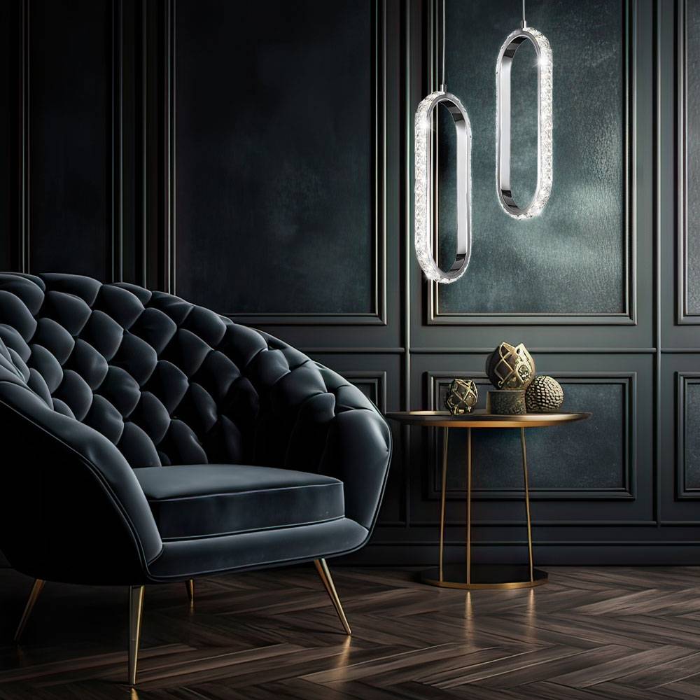 Pendelleuchte Kristall Hängelampe dimmbar LED Esstisch Höhenverstellbar Kristalloptik, Metall Chrom, 1x LED 12W 1100Lm 3000K, LxBxH 33,5x13x150cm,