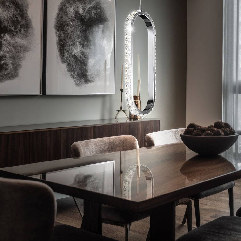 Pendelleuchte Kristall Hängelampe dimmbar LED Esstisch Höhenverstellbar Kristalloptik, Metall Chrom, 1x LED 12W 1100Lm 3000K, LxBxH 33,5x13x150cm,