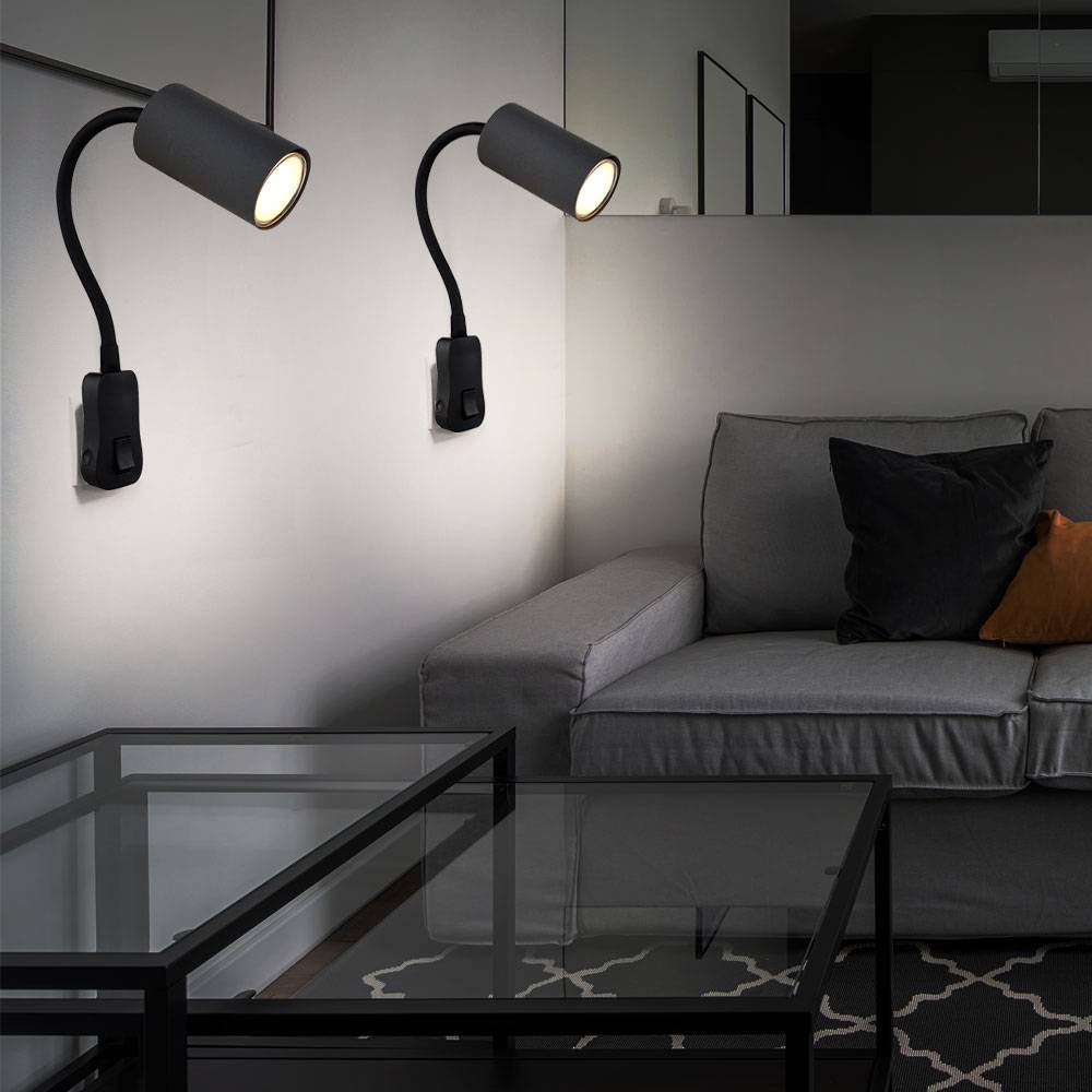 Steckerleuchte GU10 Steckdosenlampe mit Schalter Küche Steckdosenleuchte schwarz mit schwenkbarem Spot, Schwanenhals, GU10 Fassung, LxBxH 32x5,5x43