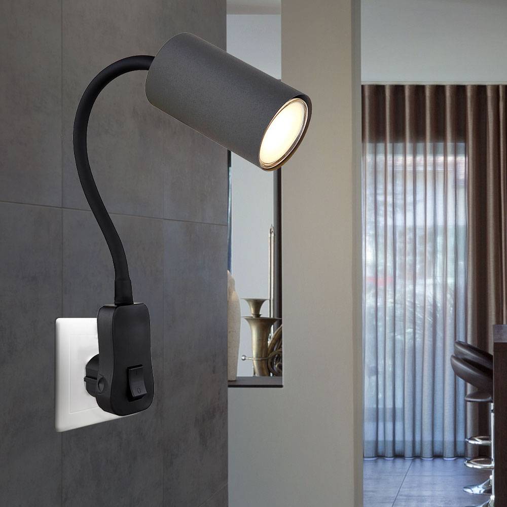 Steckerleuchte GU10 Steckdosenlampe mit Schalter Küche Steckdosenleuchte schwarz mit schwenkbarem Spot, Schwanenhals, GU10 Fassung, LxBxH 32x5,5x43