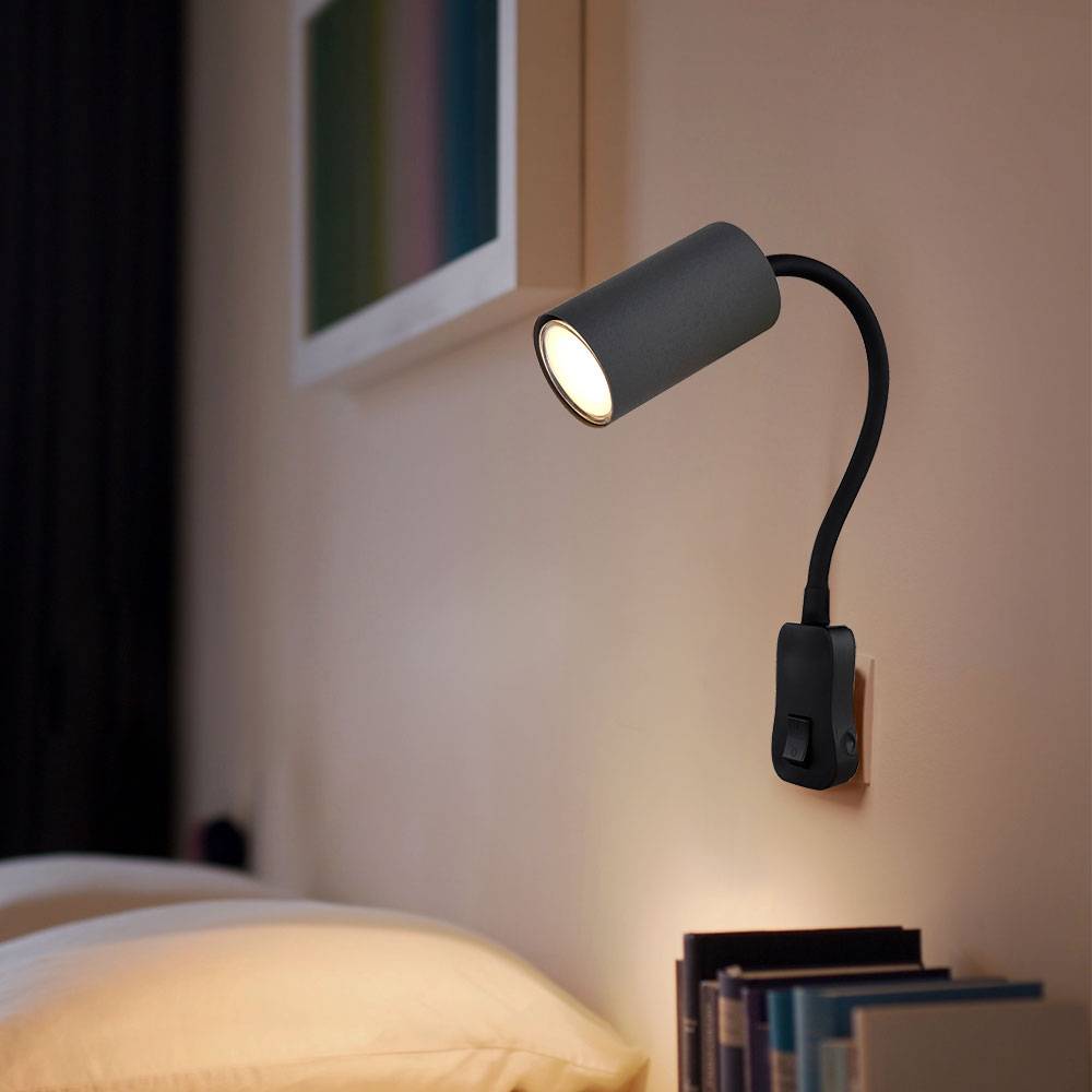 Steckdosenlampe Steckerleuchte GU10 mit Schalter Küche Steckdosenleuchte schwarz mit schwenkbarem Spot, Schwanenhals, GU10 Fassung, LxBxH 32x5,5x43