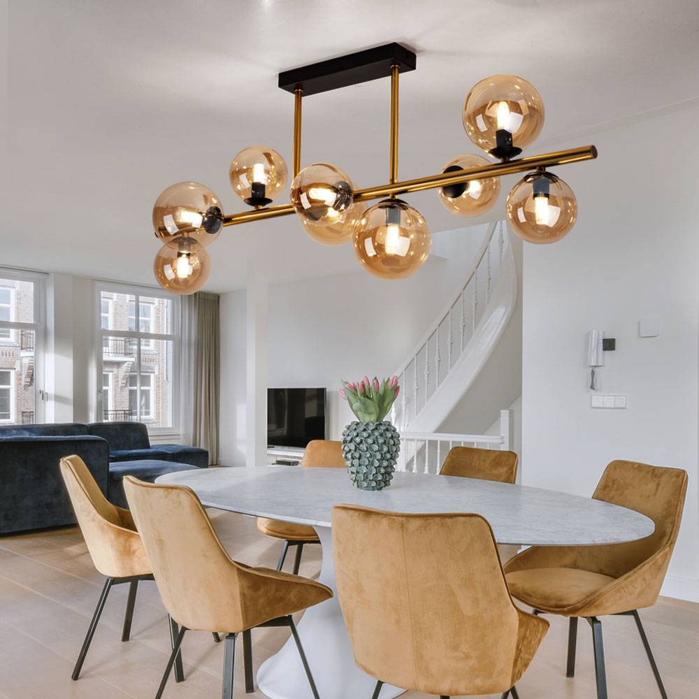 Deckenleuchte mit Glas Strahler Kugel Deckenlampen Glaskugeln Esstisch, LED messing amber 9 flammig, 3,5W 350lm 3000K, LxBxH 87x30x38 cm