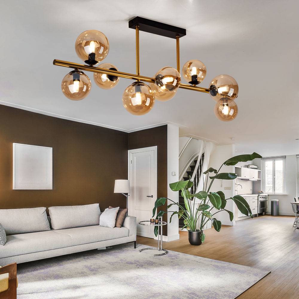 Deckenleuchte mit Glas Strahler Kugel Deckenlampen Glaskugeln Esstisch, LED messing amber 9 flammig, 3,5W 350lm 3000K, LxBxH 87x30x38 cm