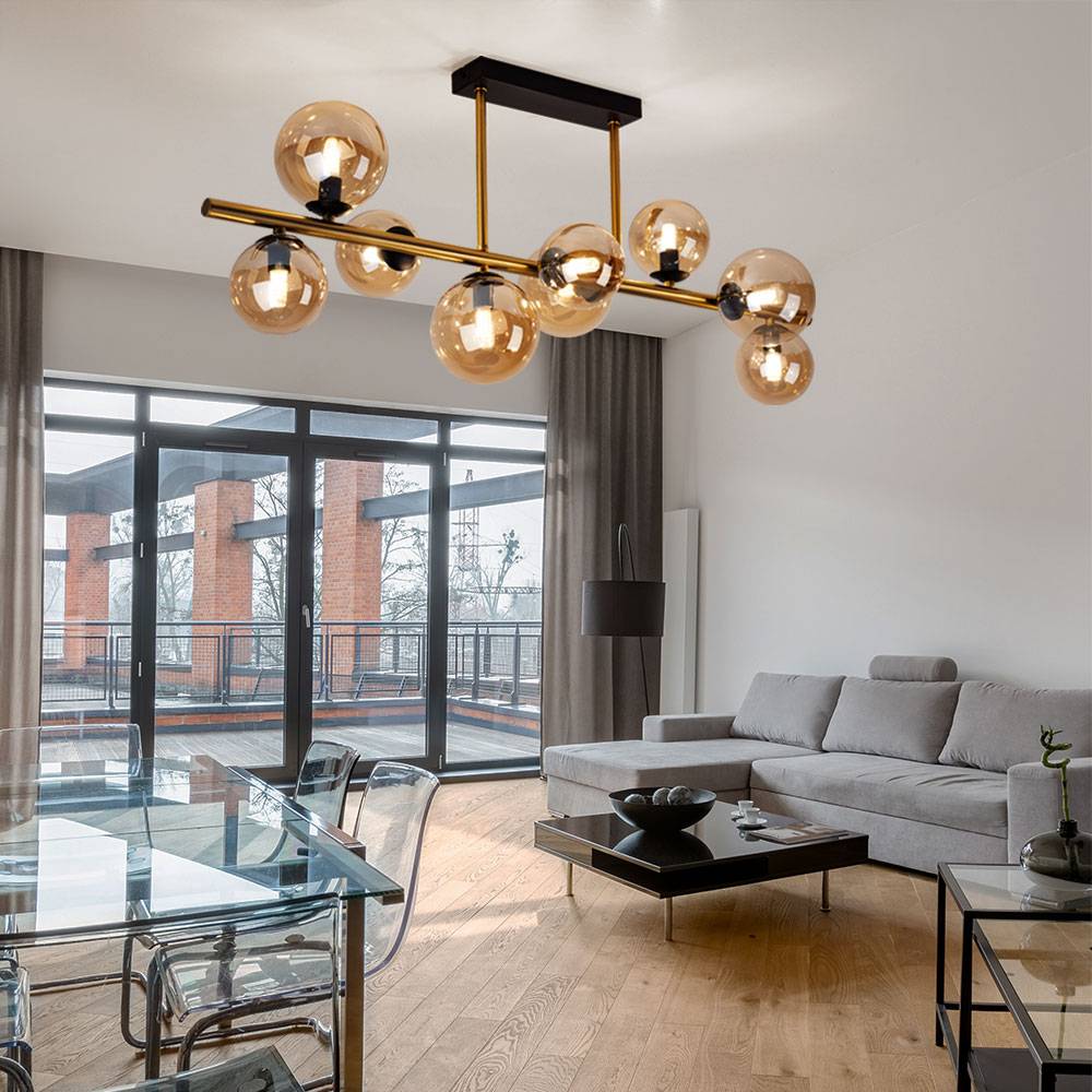 Deckenlampe Glas Strahler Kugel Deckenleuchten Wohnzimmer Glaskugeln Esstisch, LED messing amber, 9 flammig, 3,5W 350lm 3000K, LxBxH 87x30x38 cm