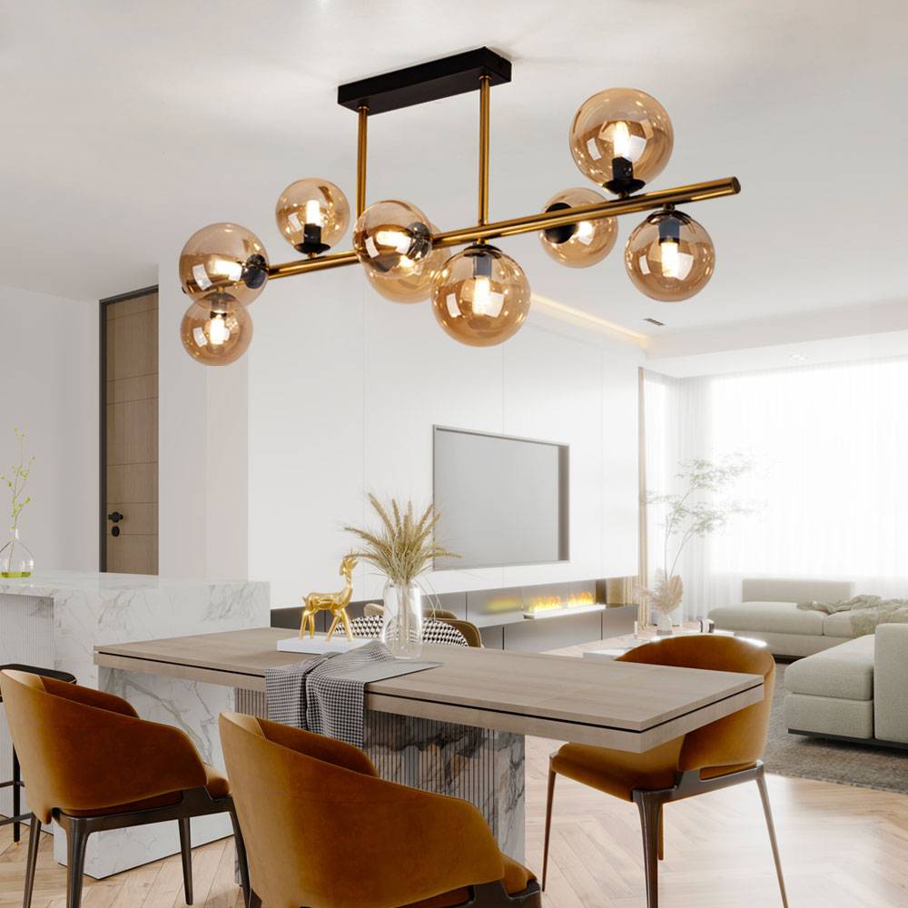 Deckenleuchte mit Glas Strahler Kugel Deckenlampen Glaskugeln Esstisch, LED messing amber 9 flammig, 3,5W 350lm 3000K, LxBxH 87x30x38 cm